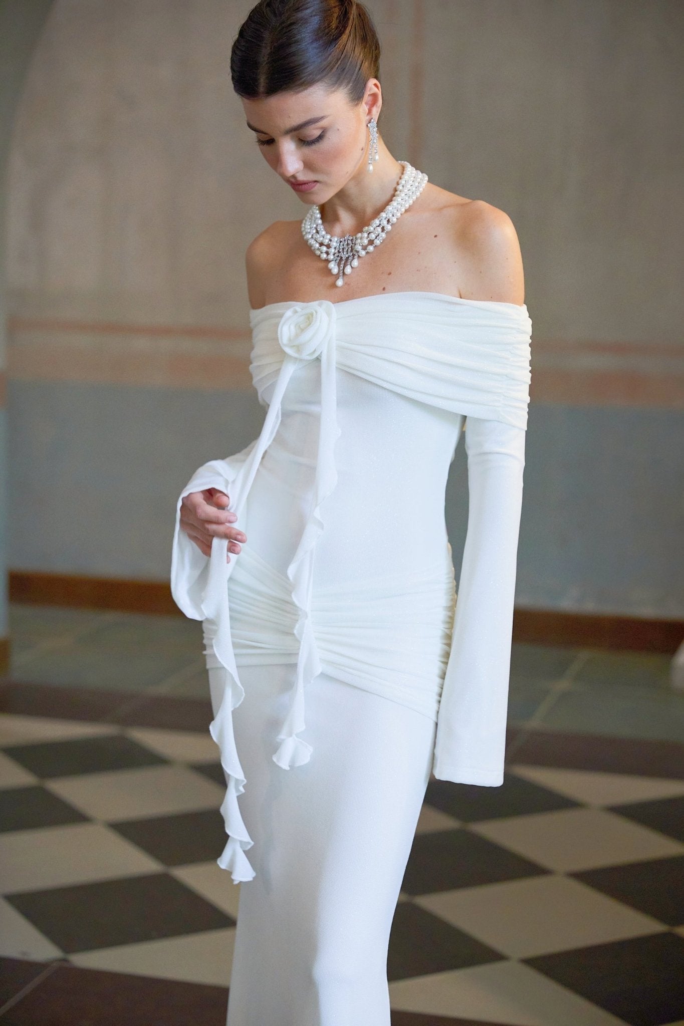 Donatella Maxi Dress - Off the Shoulder - Flared Cuffs - Floral Appliqué - Glitter Detailing - Mermaid Hem