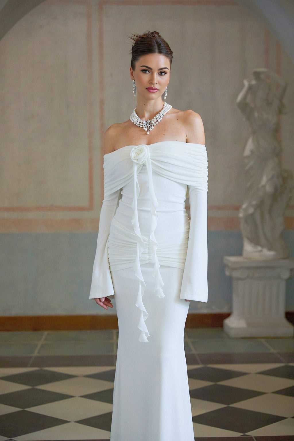 Donatella Maxi Dress - Off the Shoulder - Flared Cuffs - Floral Appliqué - Glitter Detailing - Mermaid Hem