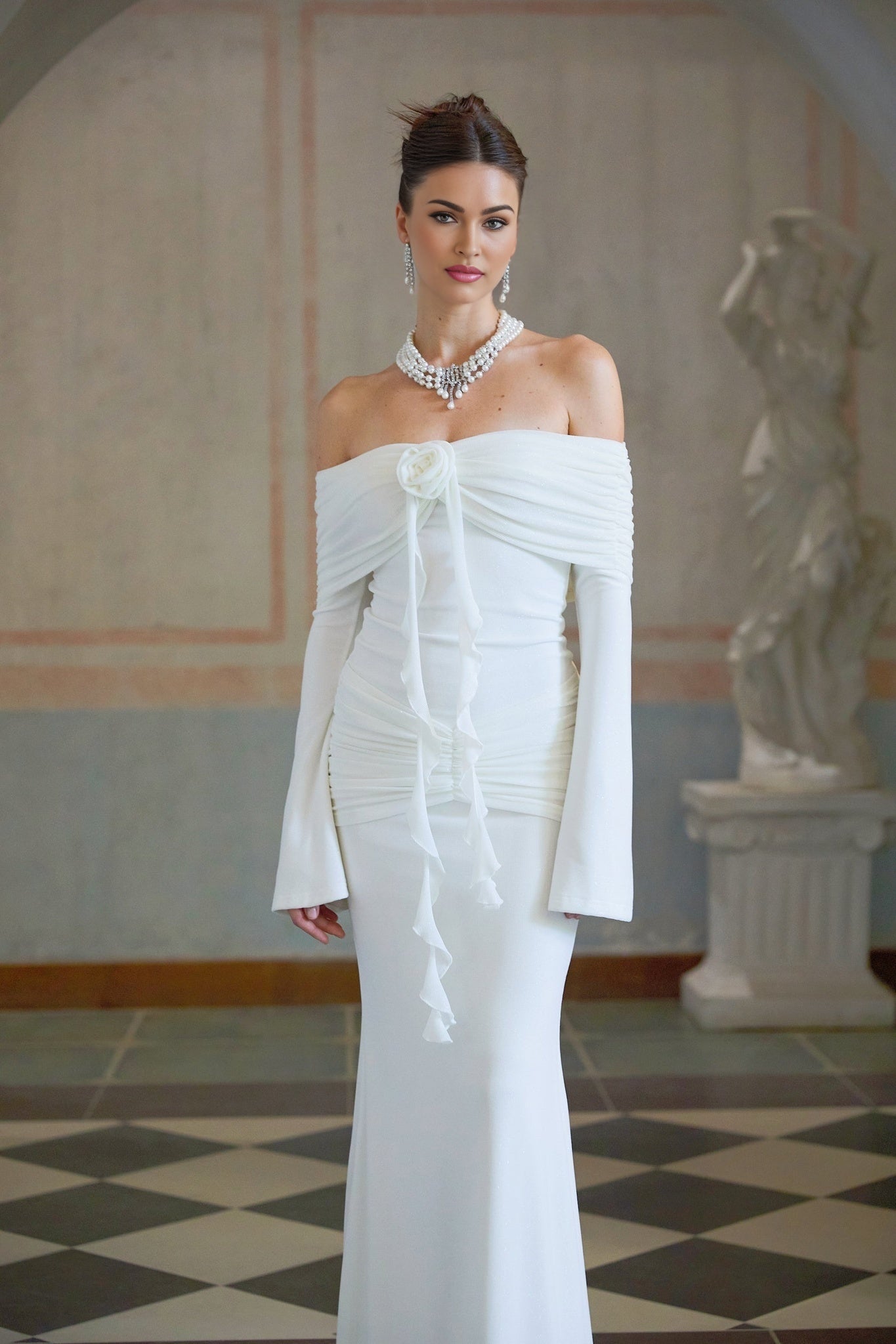 Donatella Maxi Dress - Off the Shoulder - Flared Cuffs - Floral Appliqué - Glitter Detailing - Mermaid Hem
