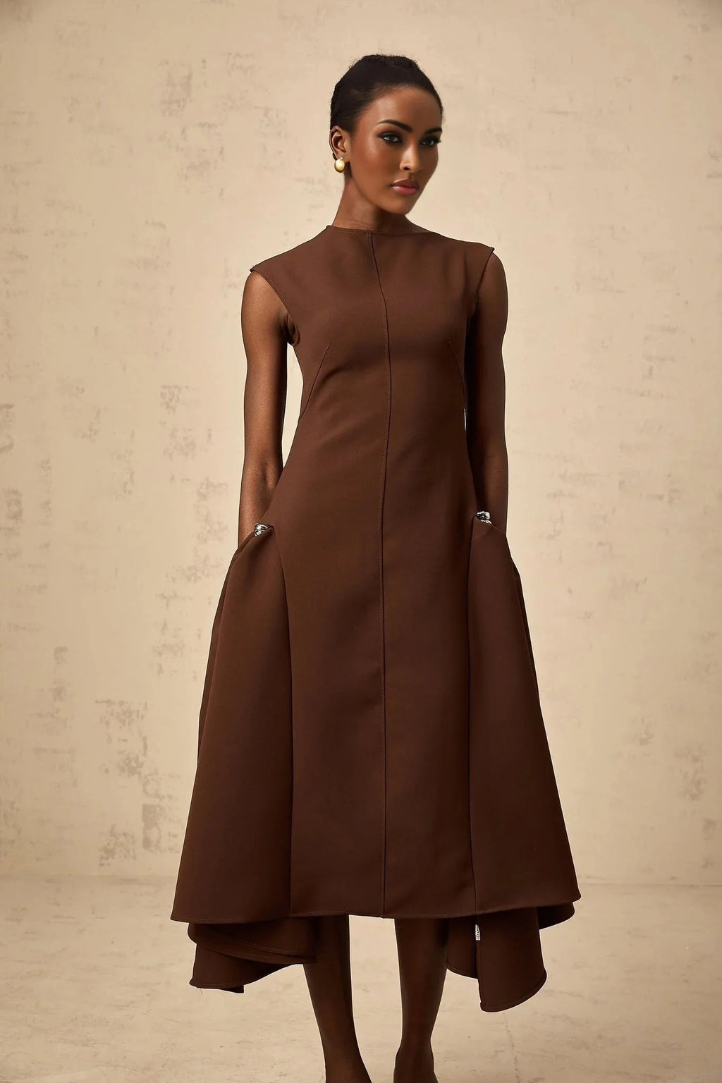 Donatella Midi Dress Brown Twill Asymmetrical Full Skirt Silver - tone Hardware