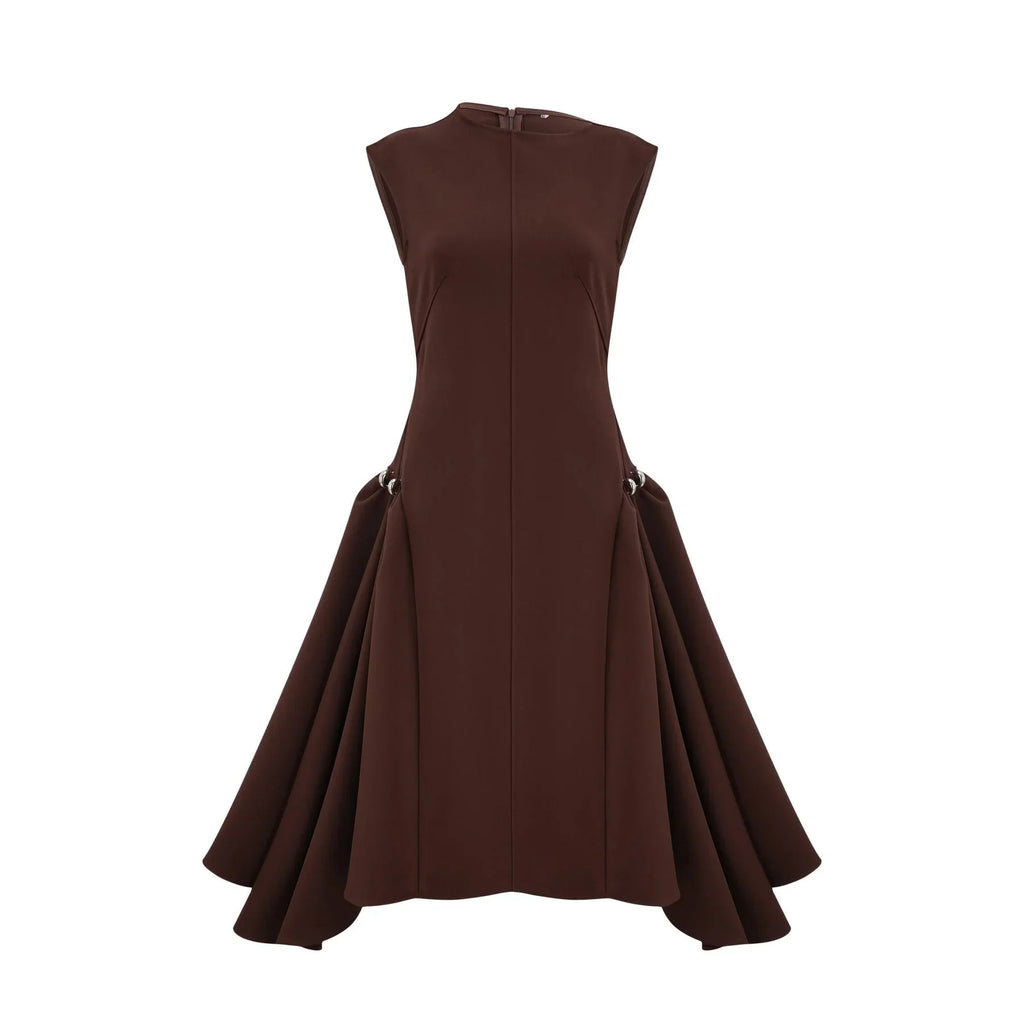 Donatella Midi Dress Brown Twill Asymmetrical Full Skirt Silver - tone Hardware