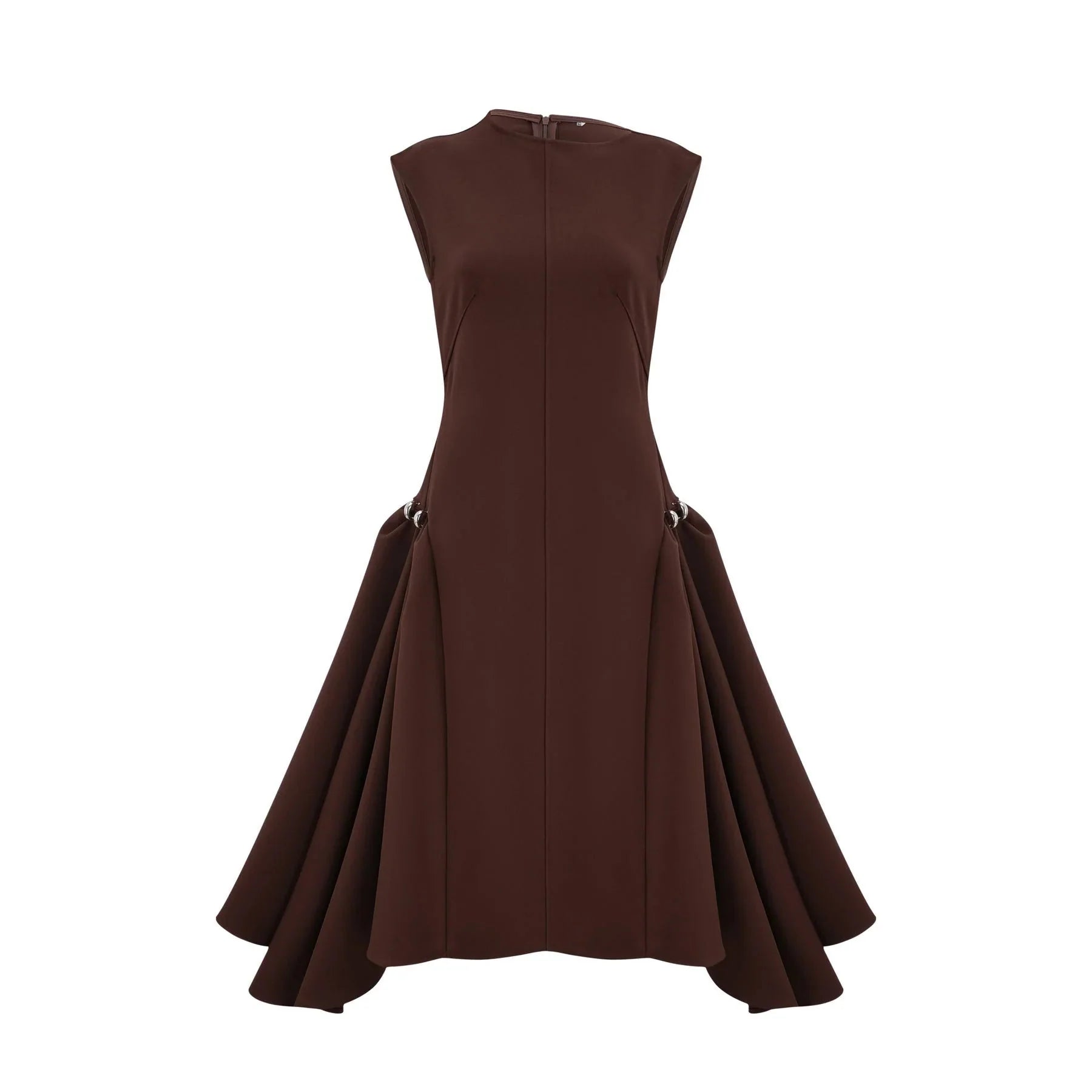 Donatella Midi Dress Brown Twill Asymmetrical Full Skirt Silver - tone Hardware