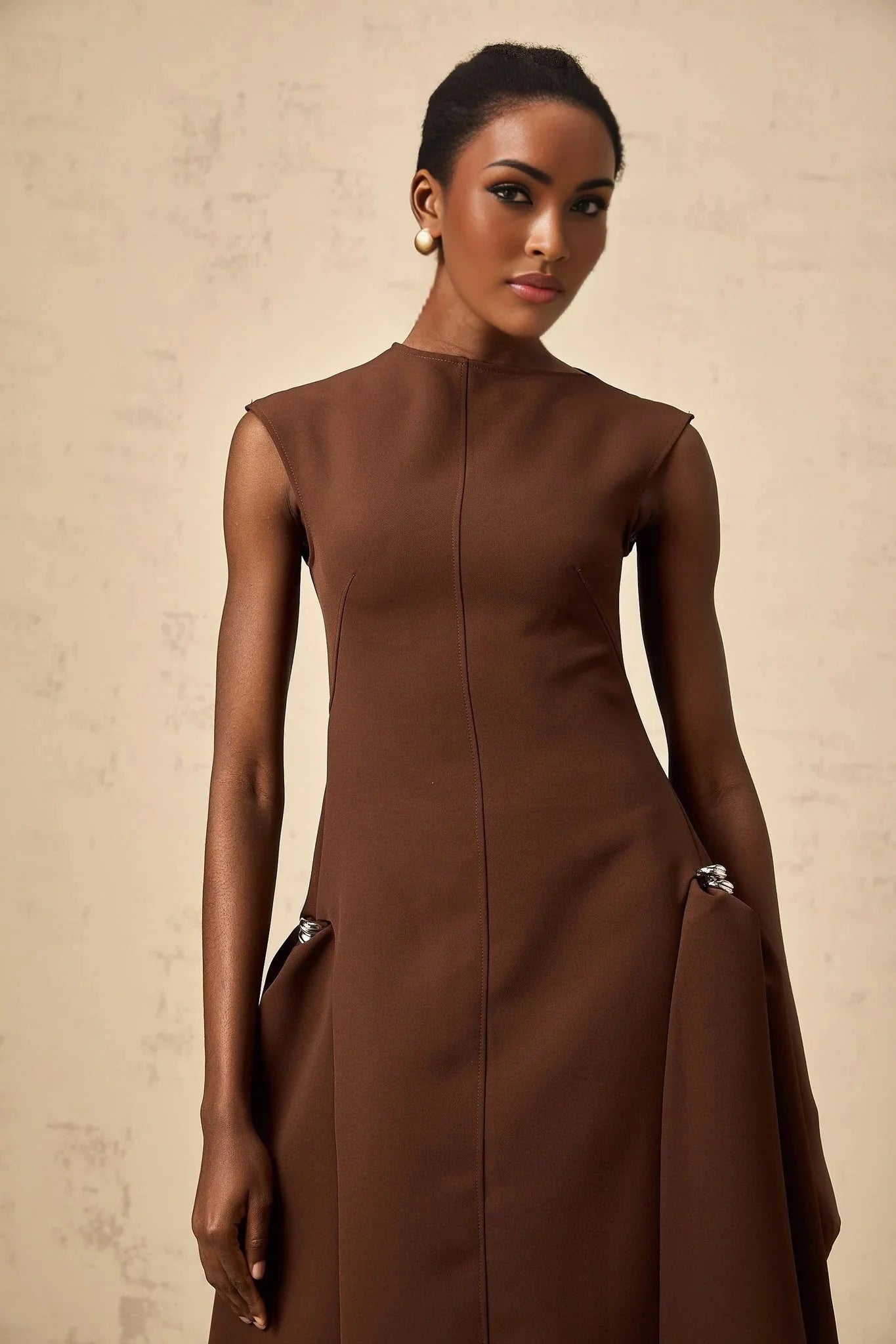 Donatella Midi Dress Brown Twill Asymmetrical Full Skirt Silver - tone Hardware