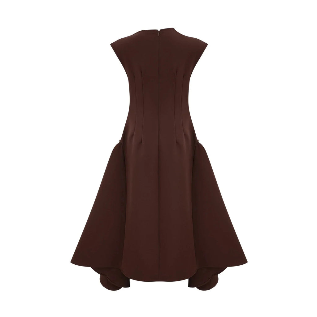 Donatella Midi Dress Brown Twill Asymmetrical Full Skirt Silver - tone Hardware