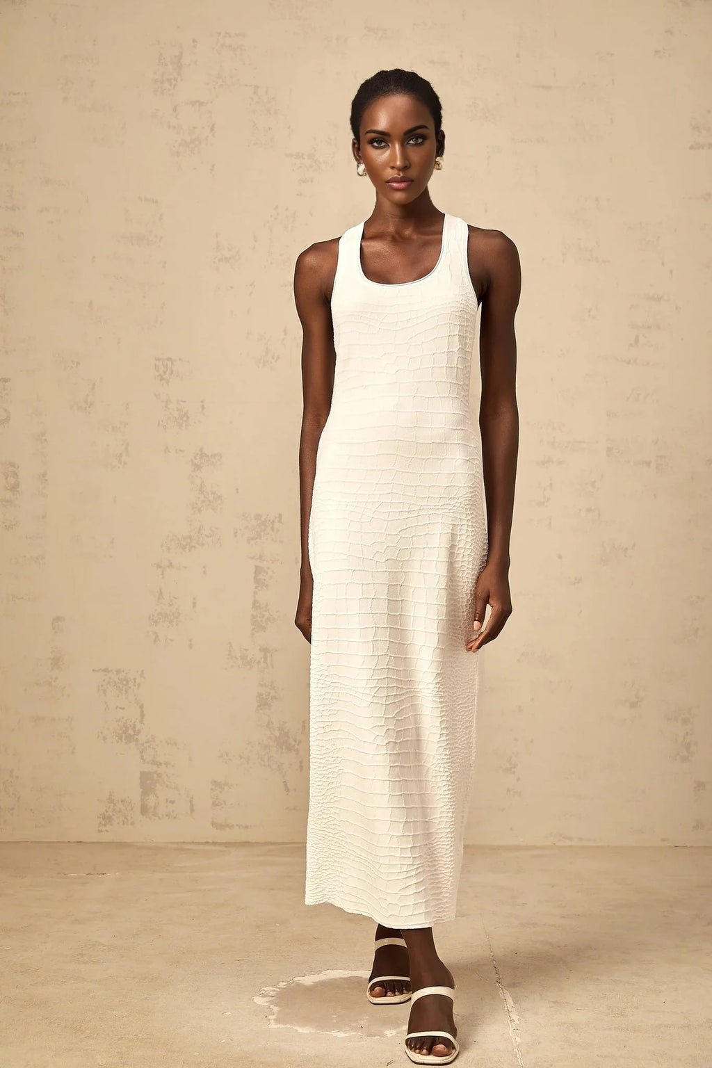 Donatella Midi Dress White Textured U - Neck Slit Style