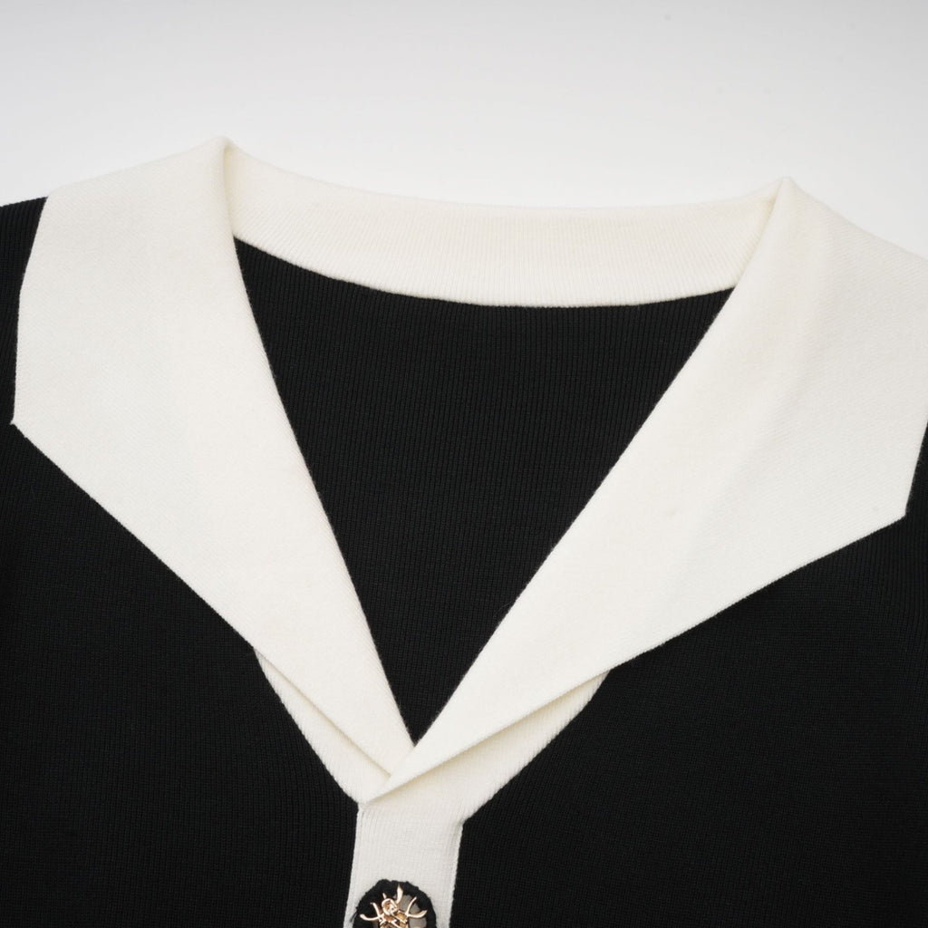 Donatella Mini Dress - Long Sleeve V - Neck Color Block Notched Lapel Ribbed Knit Button Front Pockets Straight Hem