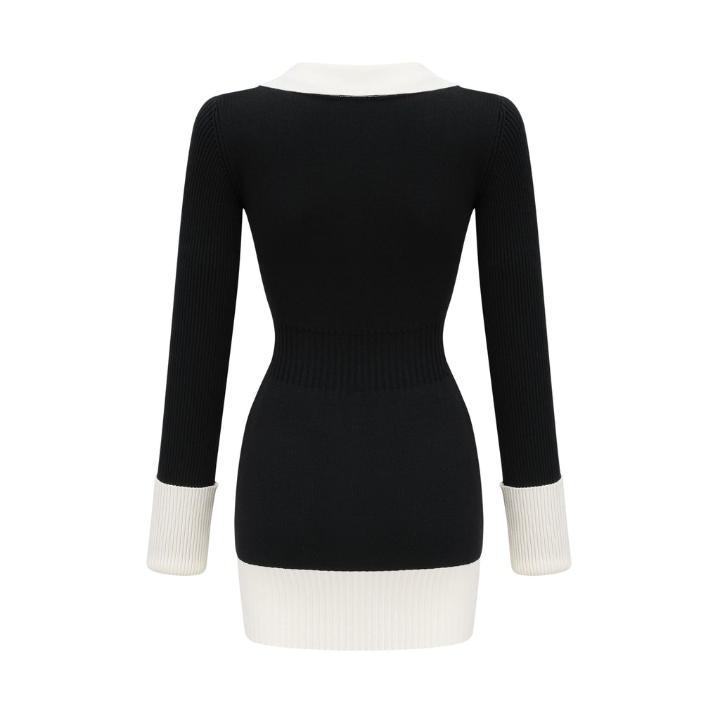 Donatella Mini Dress - Long Sleeve V - Neck Color Block Notched Lapel Ribbed Knit Button Front Pockets Straight Hem