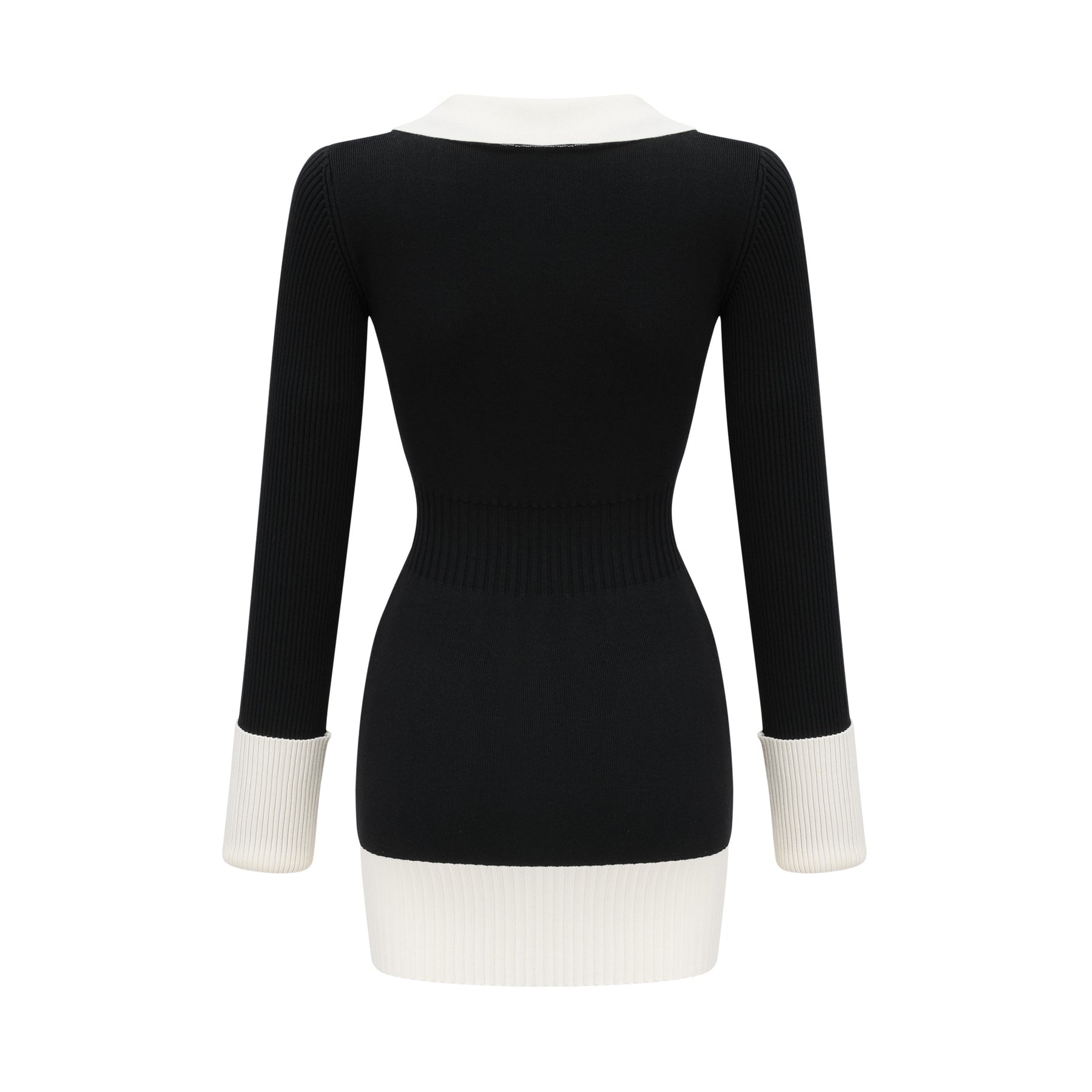 Donatella Mini Dress - Long Sleeve V - Neck Color Block Notched Lapel Ribbed Knit Button Front Pockets Straight Hem