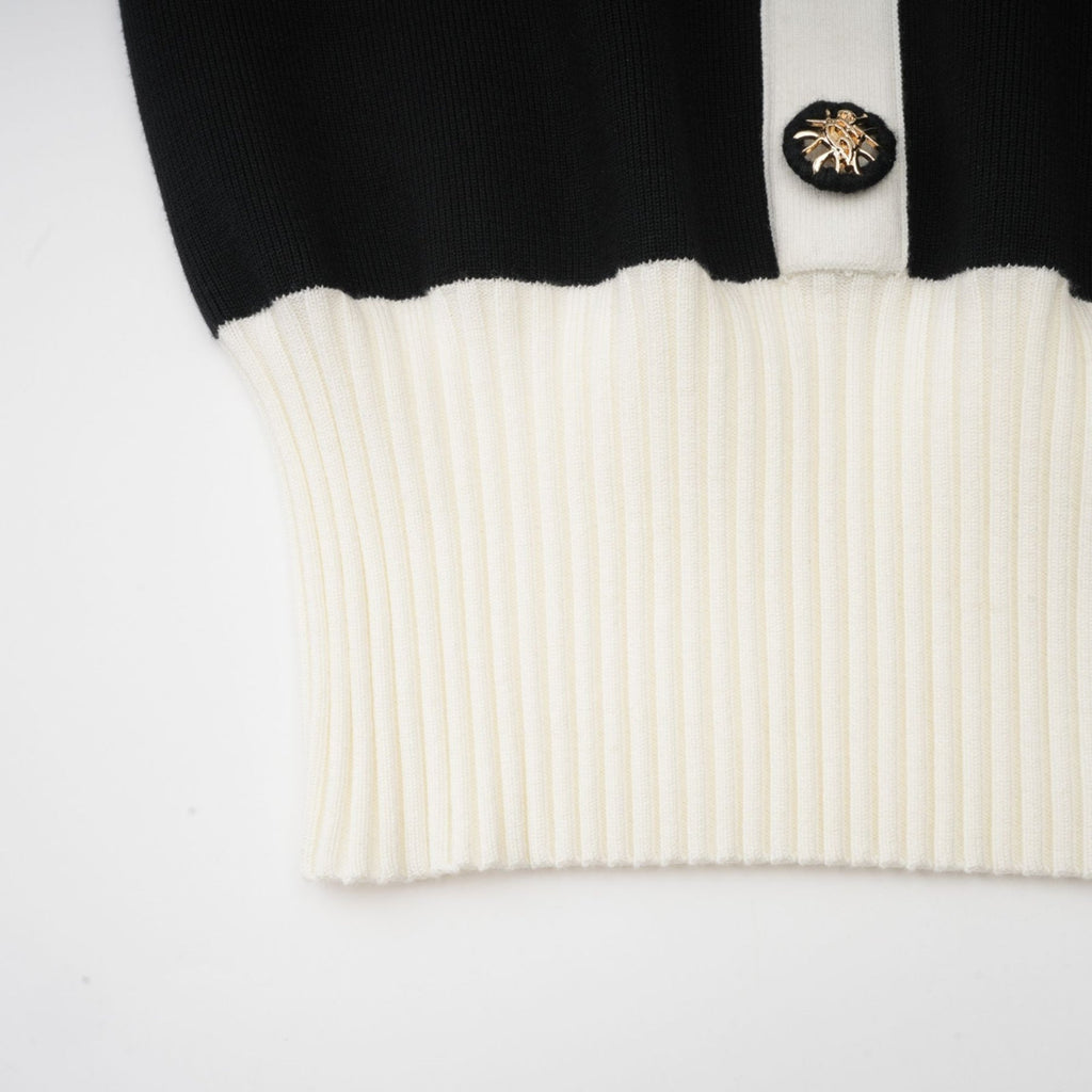 Donatella Mini Dress - Long Sleeve V - Neck Color Block Notched Lapel Ribbed Knit Button Front Pockets Straight Hem