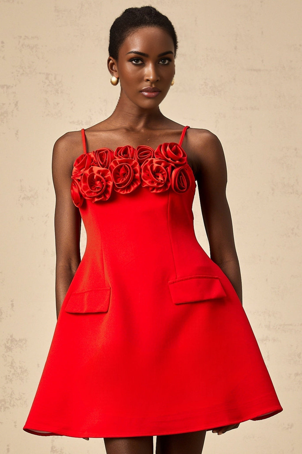 Donatella Mini Dress - Spaghetti Straps - Floral Appliqué - Cinched Waist - Flared Skirt - Rear Zip Fastening