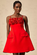 Donatella Mini Dress - Spaghetti Straps - Floral Appliqué - Cinched Waist - Flared Skirt - Rear Zip Fastening