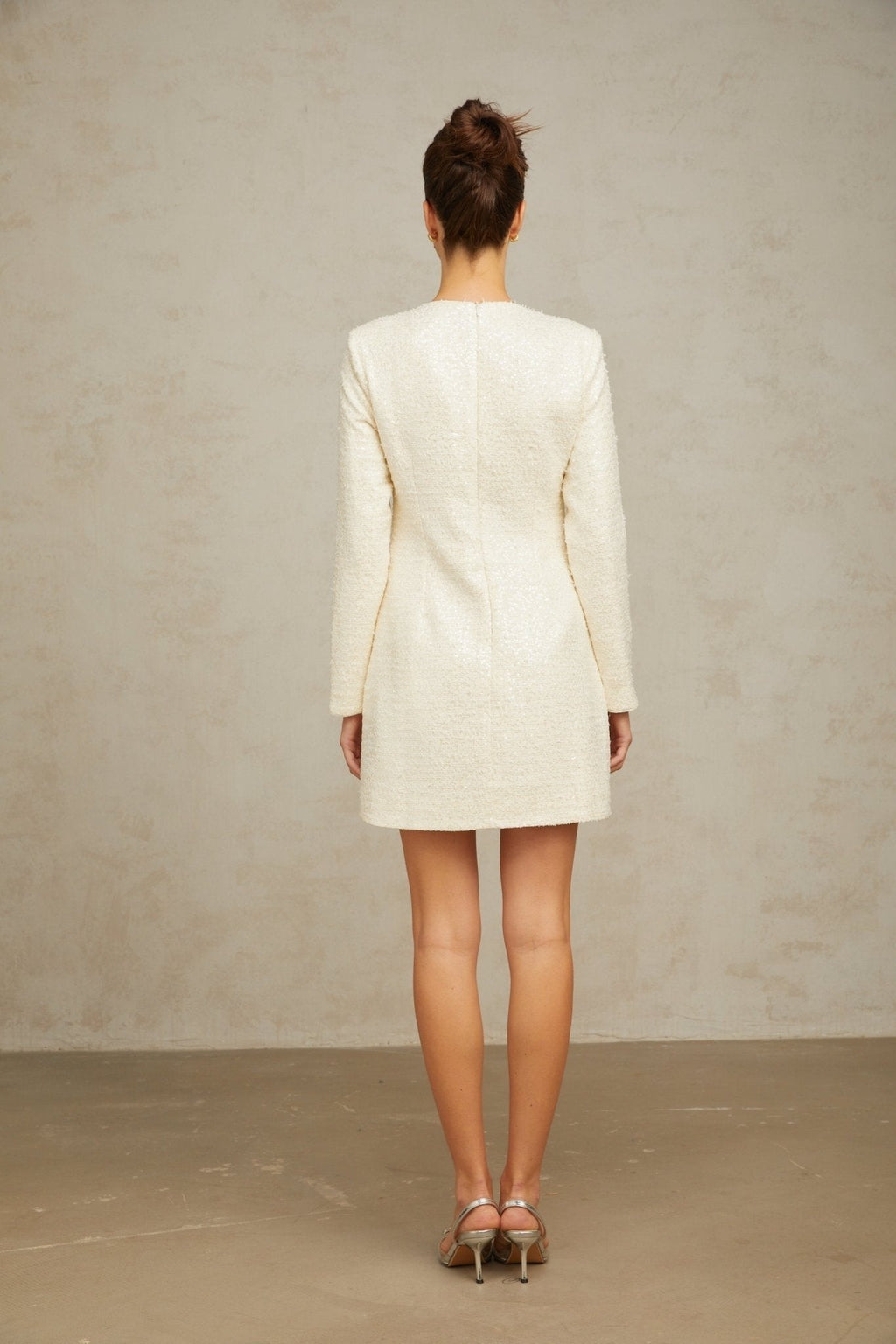 Donatella Mini Dress - Tweed - Sequin Embellishments - Beaded Bowknot Detail - Shoulder Pads
