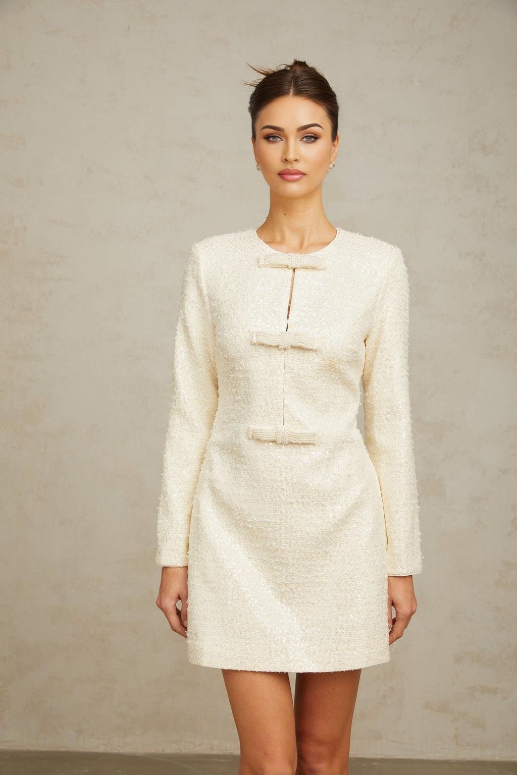 Donatella Mini Dress - Tweed - Sequin Embellishments - Beaded Bowknot Detail - Shoulder Pads