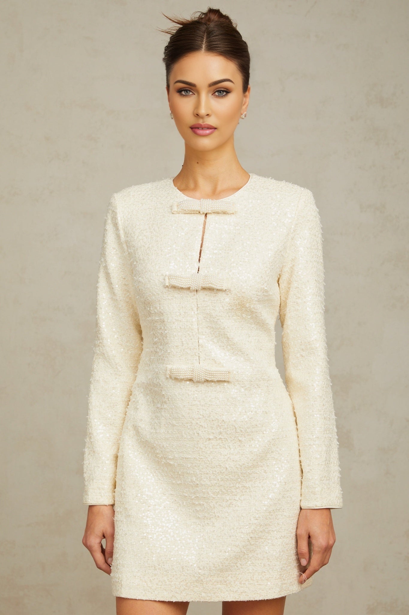 Donatella Mini Dress - Tweed - Sequin Embellishments - Beaded Bowknot Detail - Shoulder Pads