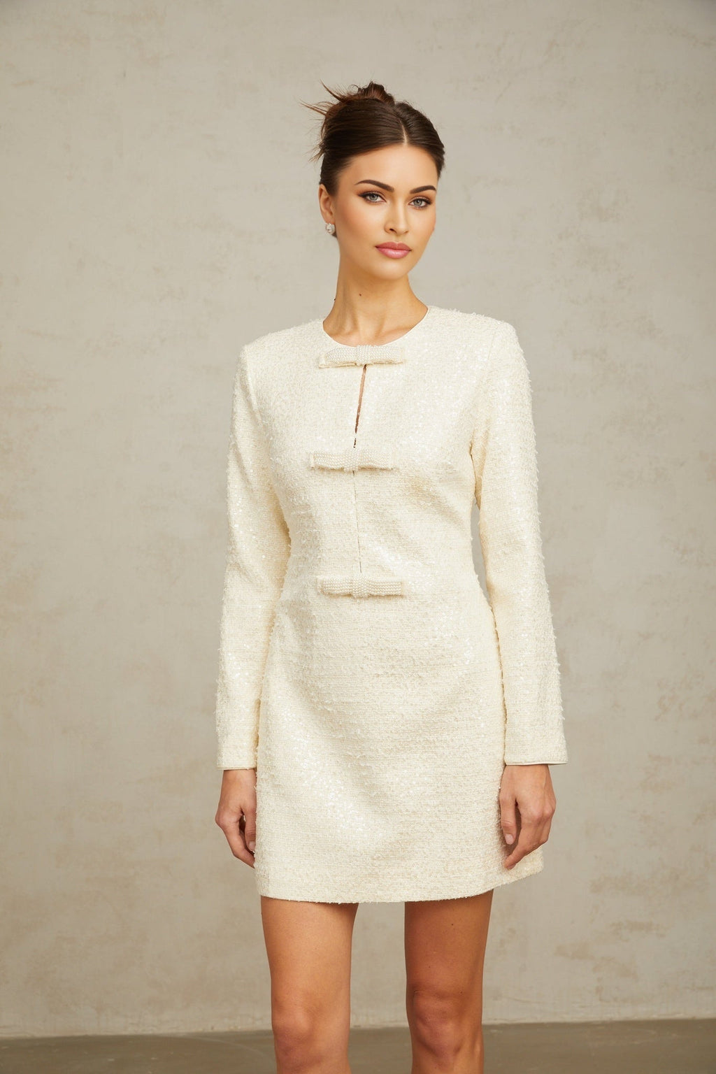 Donatella Mini Dress - Tweed - Sequin Embellishments - Beaded Bowknot Detail - Shoulder Pads