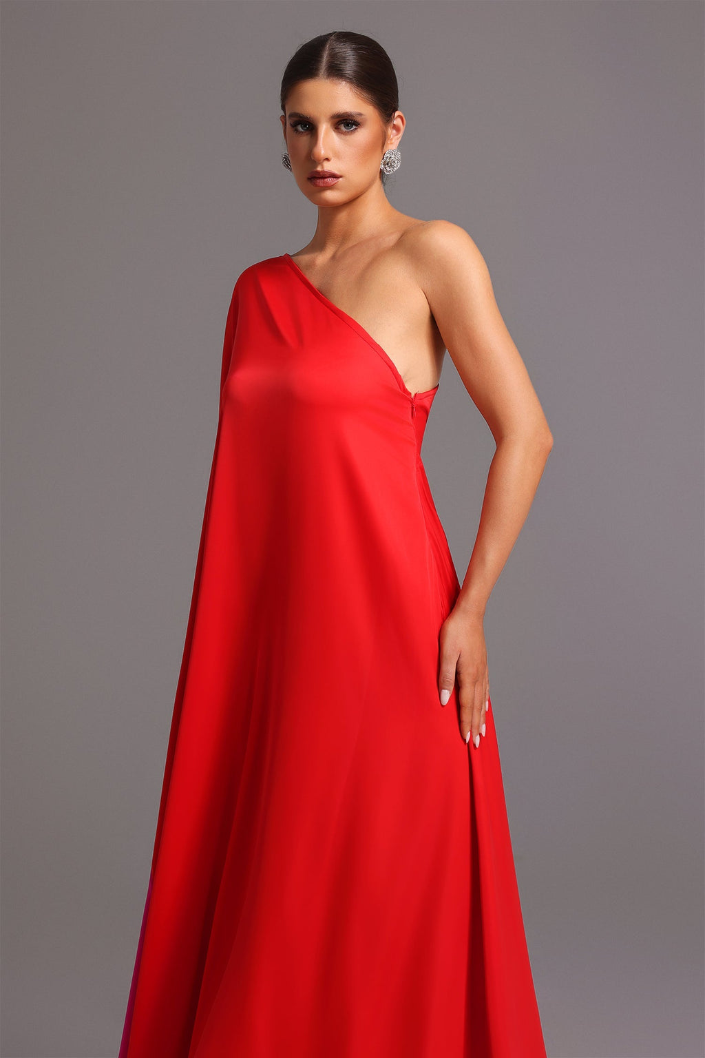 Donatella Red Satin One-Shoulder Maxi Dress