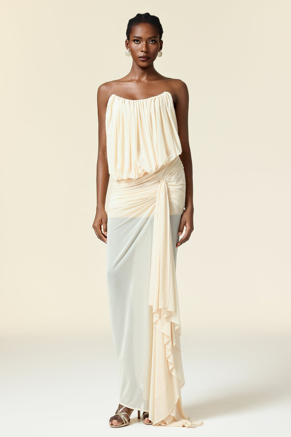 Dorotea Beige Asymmetric Design Draped Neckline Dress