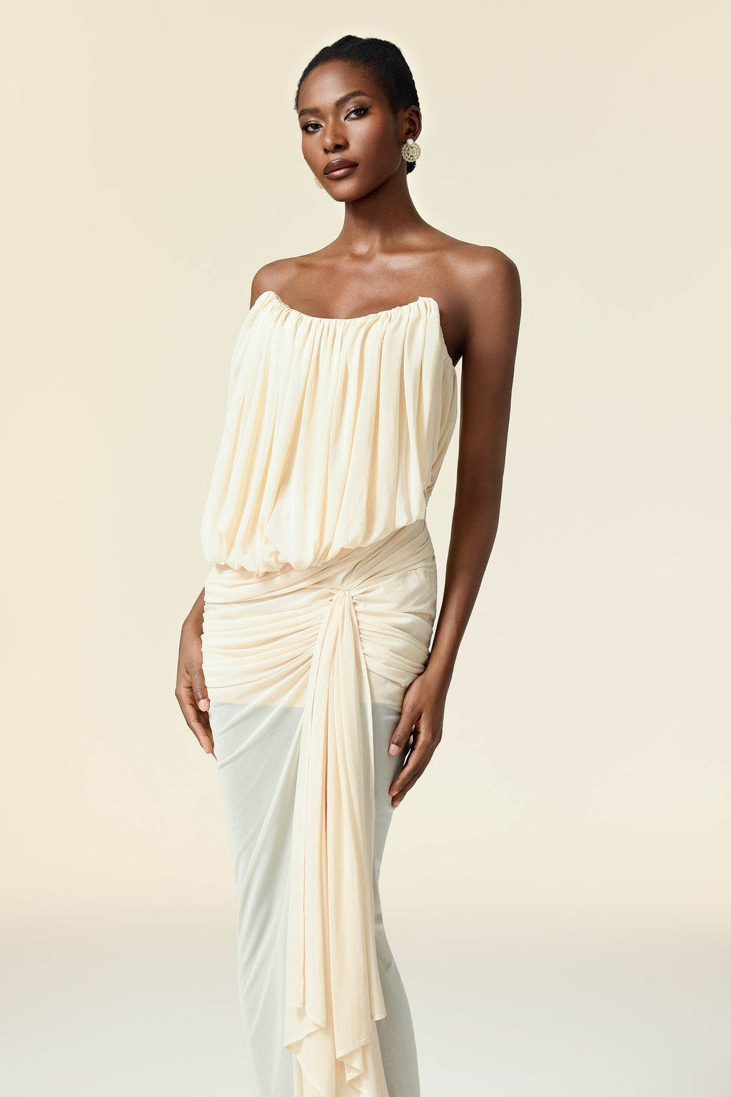 Dorotea Beige Asymmetric Draped Neckline Dress for Various Occasions Fit Feel Detailing Modern Elegance