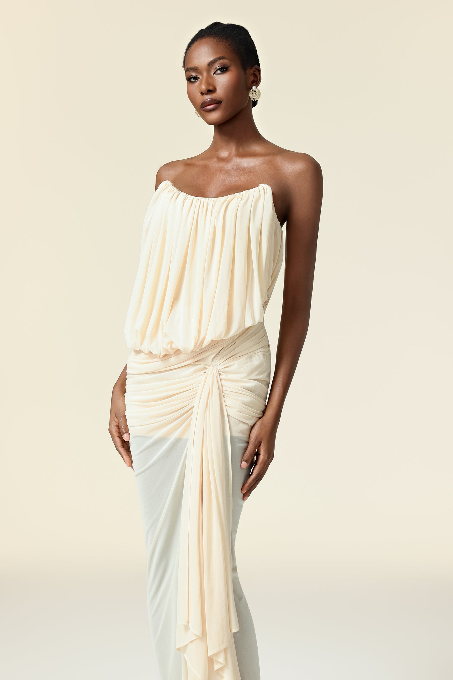 Dorotea Beige Asymmetric Draped Neckline Dress for Various Occasions Fit Feel Detailing Modern Elegance
