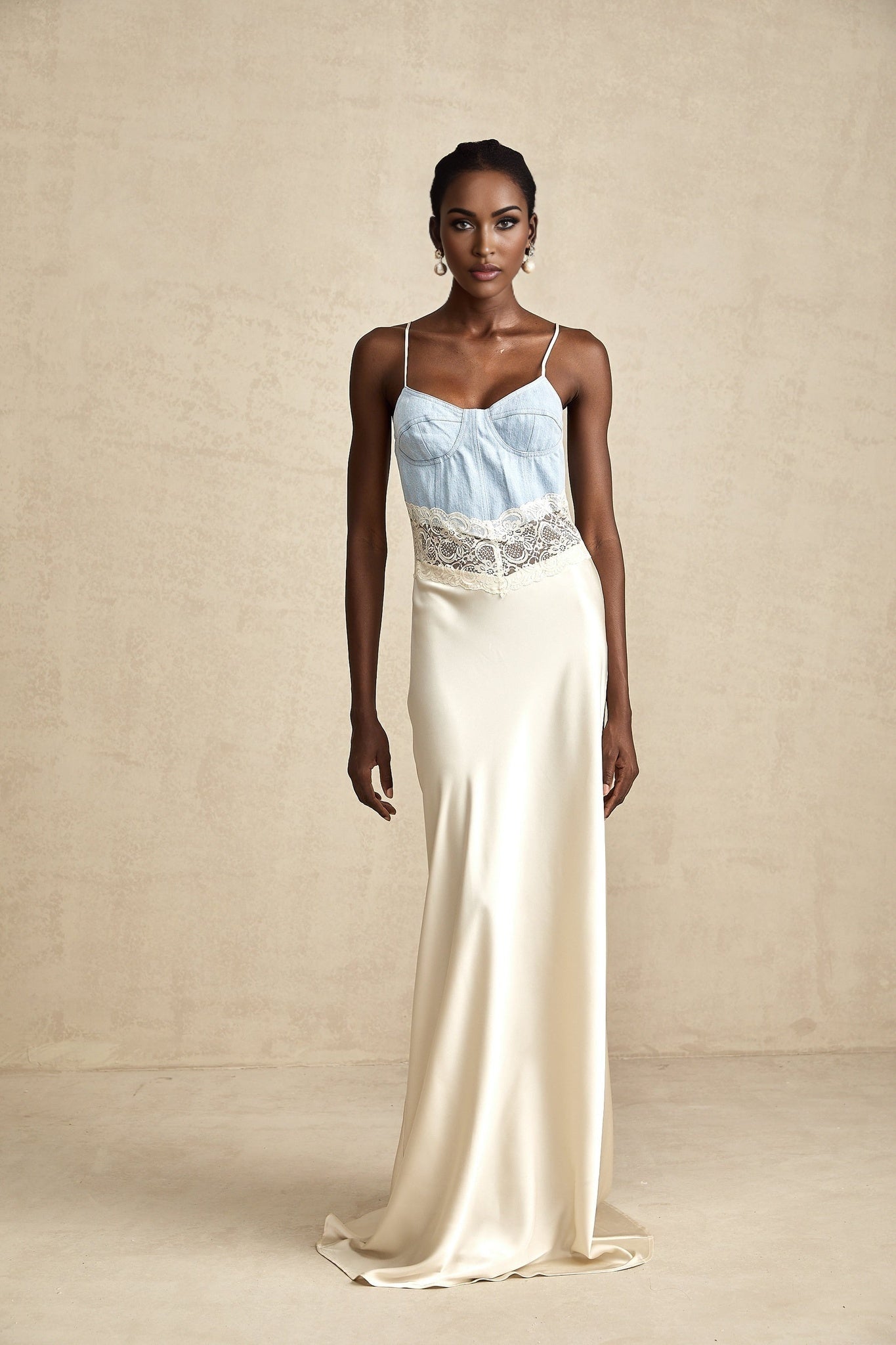 Dorotea Denim Maxi Dress - Lace Trim - Paneled Design - Sleeveless Style - Adjustable Straps