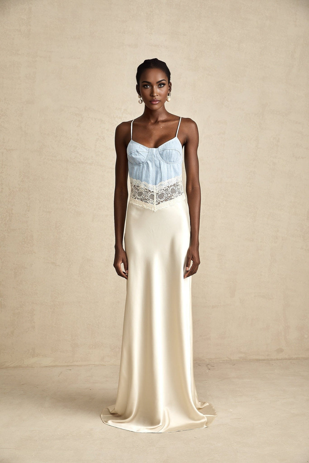Dorotea Denim Maxi Dress - Lace Trim - Paneled Design - Sleeveless Style - Adjustable Straps