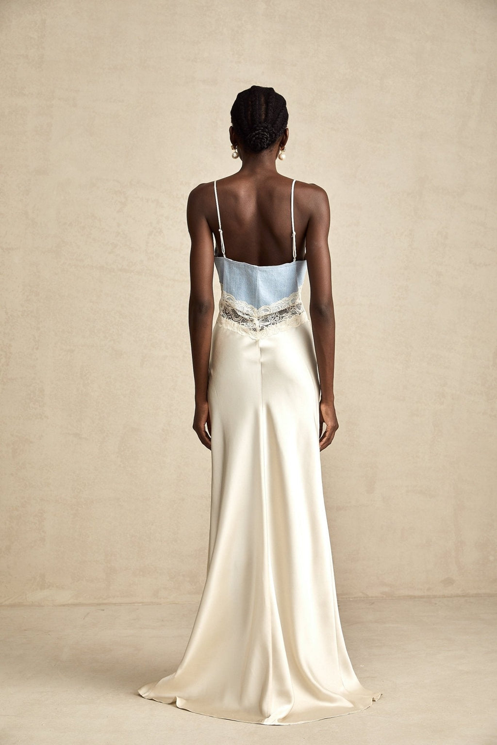 Dorotea Denim Maxi Dress - Lace Trim - Paneled Design - Sleeveless Style - Adjustable Straps