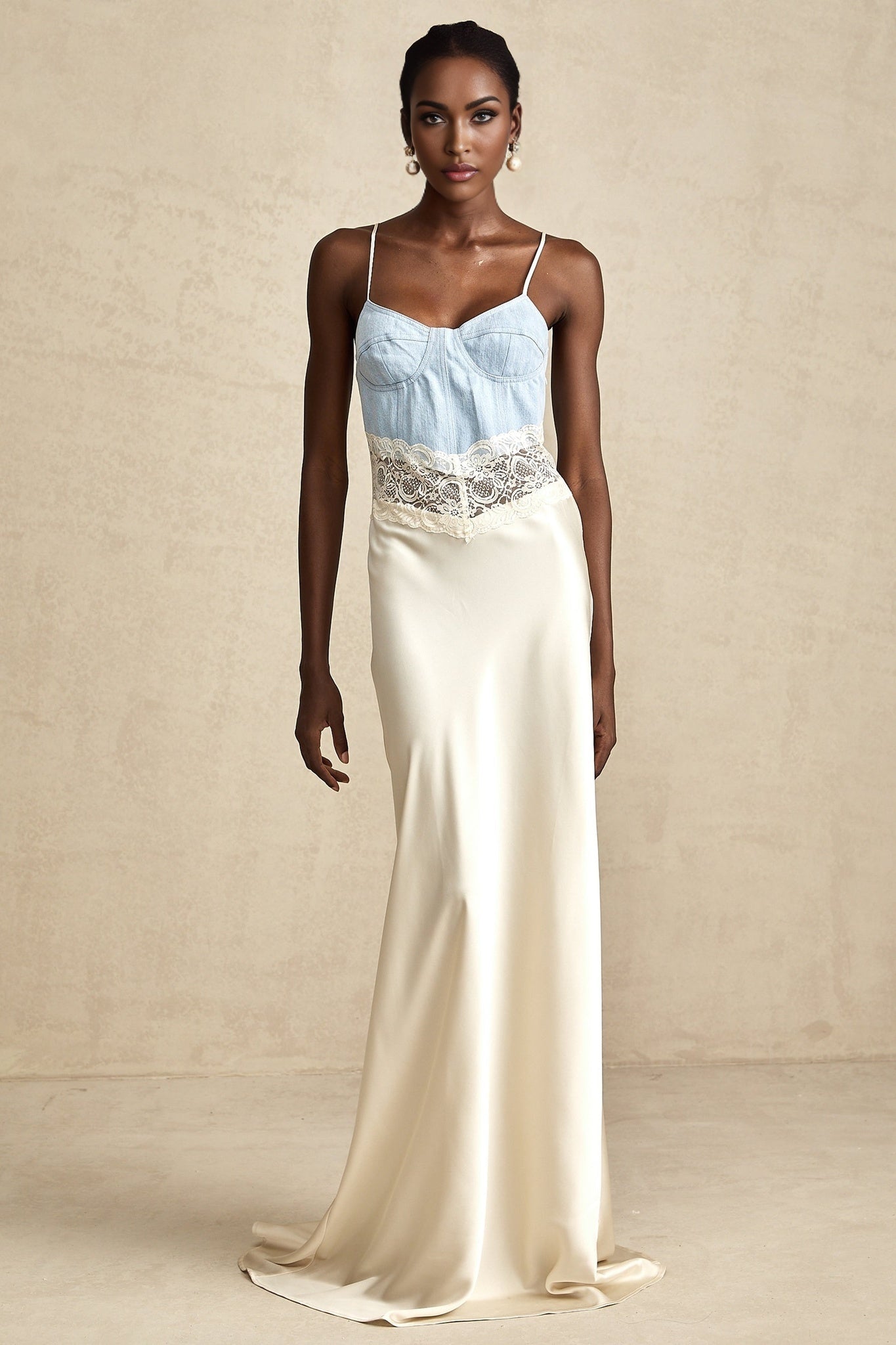 Dorotea Denim Maxi Dress - Lace Trim - Paneled Design - Sleeveless Style - Adjustable Straps