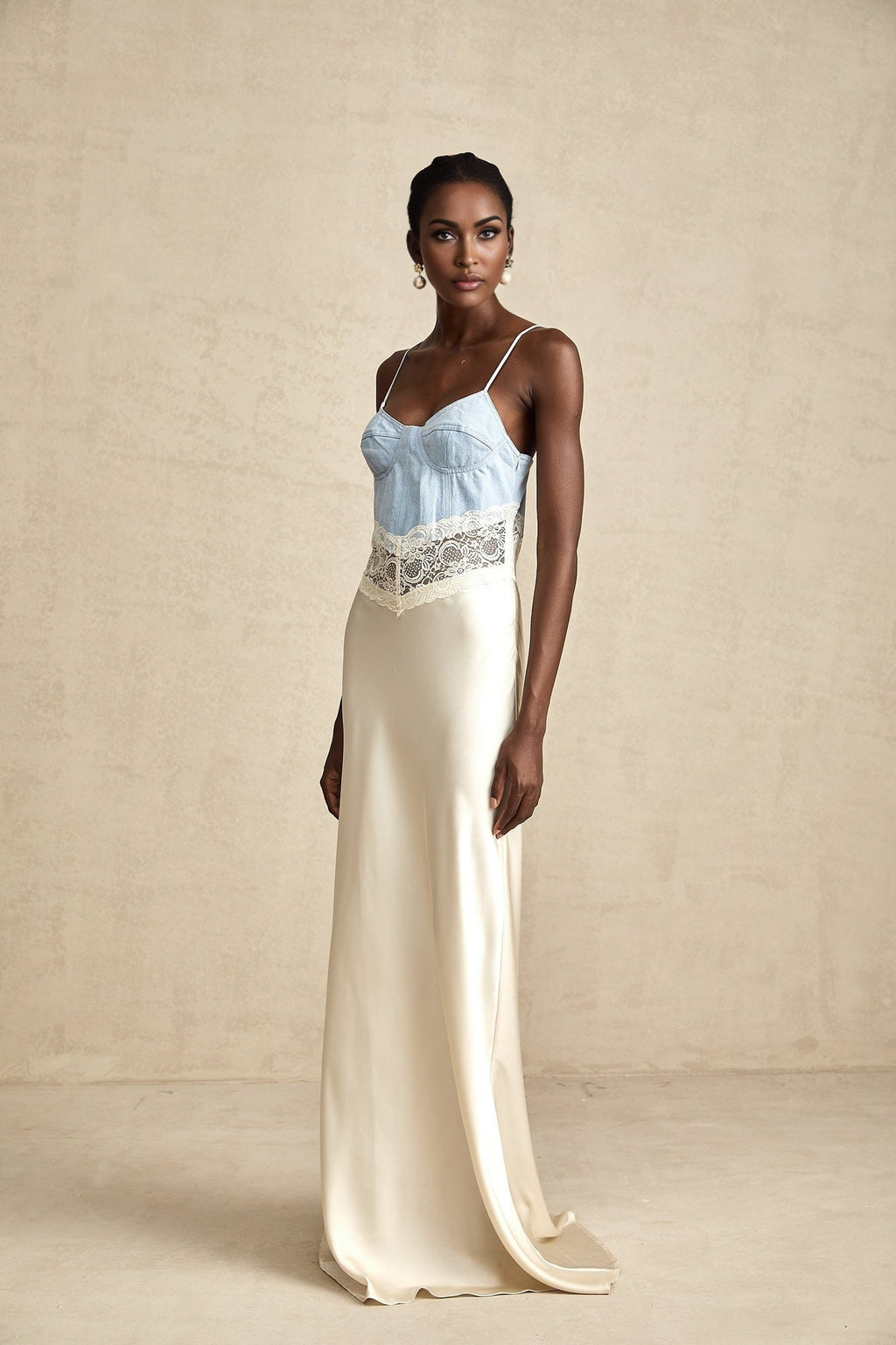 Dorotea Denim Maxi Dress - Lace Trim - Paneled Design - Sleeveless Style - Adjustable Straps