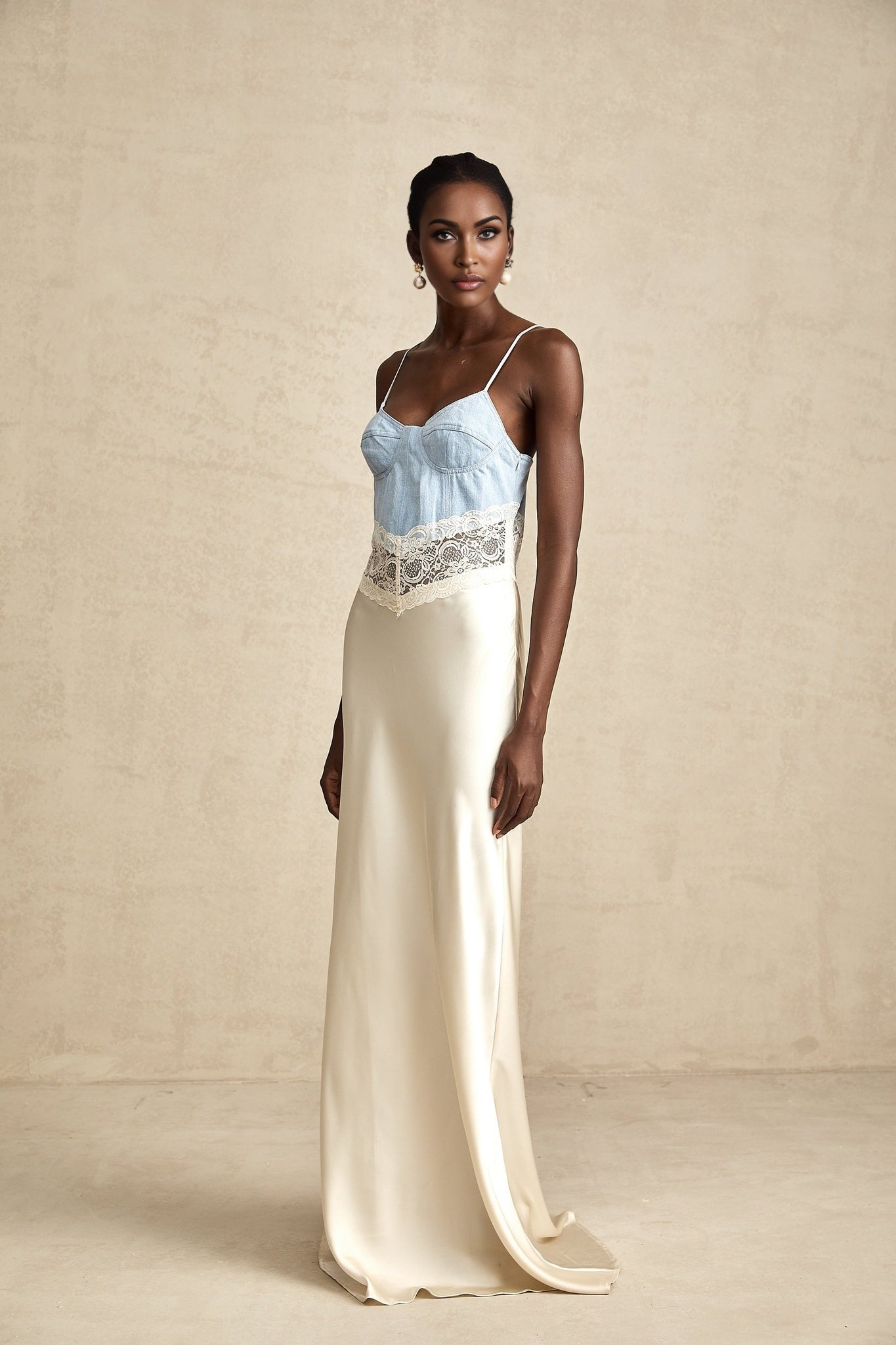Dorotea Denim Maxi Dress - Lace Trim - Paneled Design - Sleeveless Style - Adjustable Straps