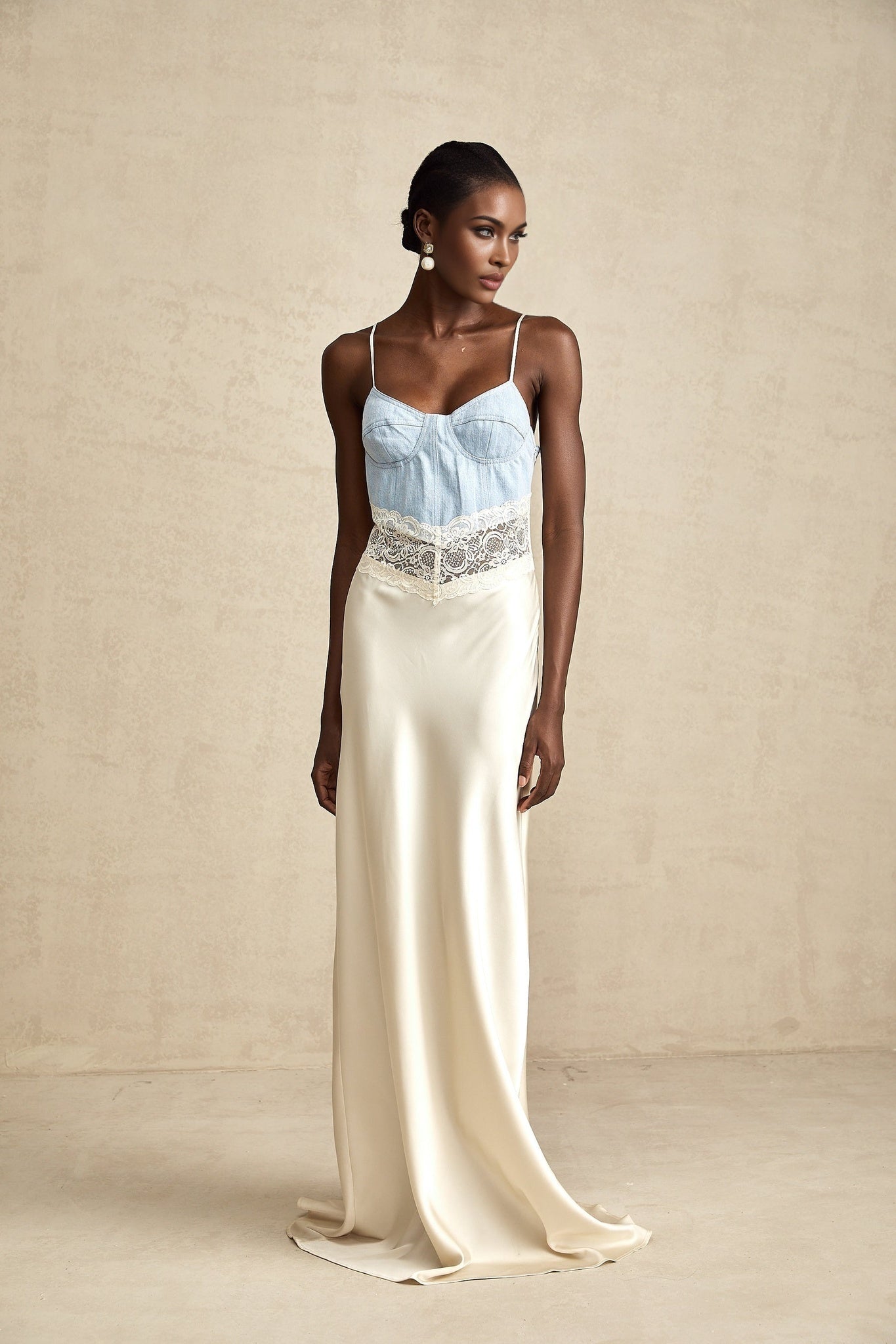 Dorotea Denim Maxi Dress - Lace Trim - Paneled Design - Sleeveless Style - Adjustable Straps