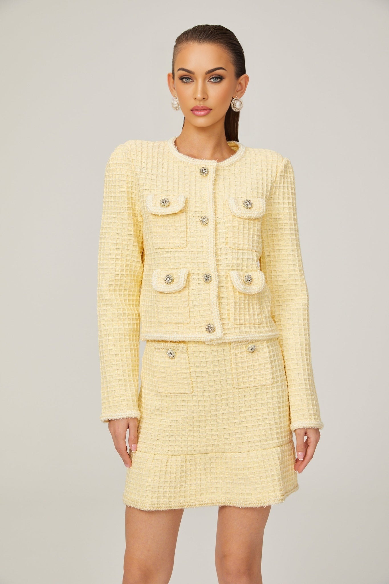 Dorotea Jacket & Skirt Set - Sequin Embellished - Waffle Knit - Braided Edge - Faux Buttons - Front Pockets