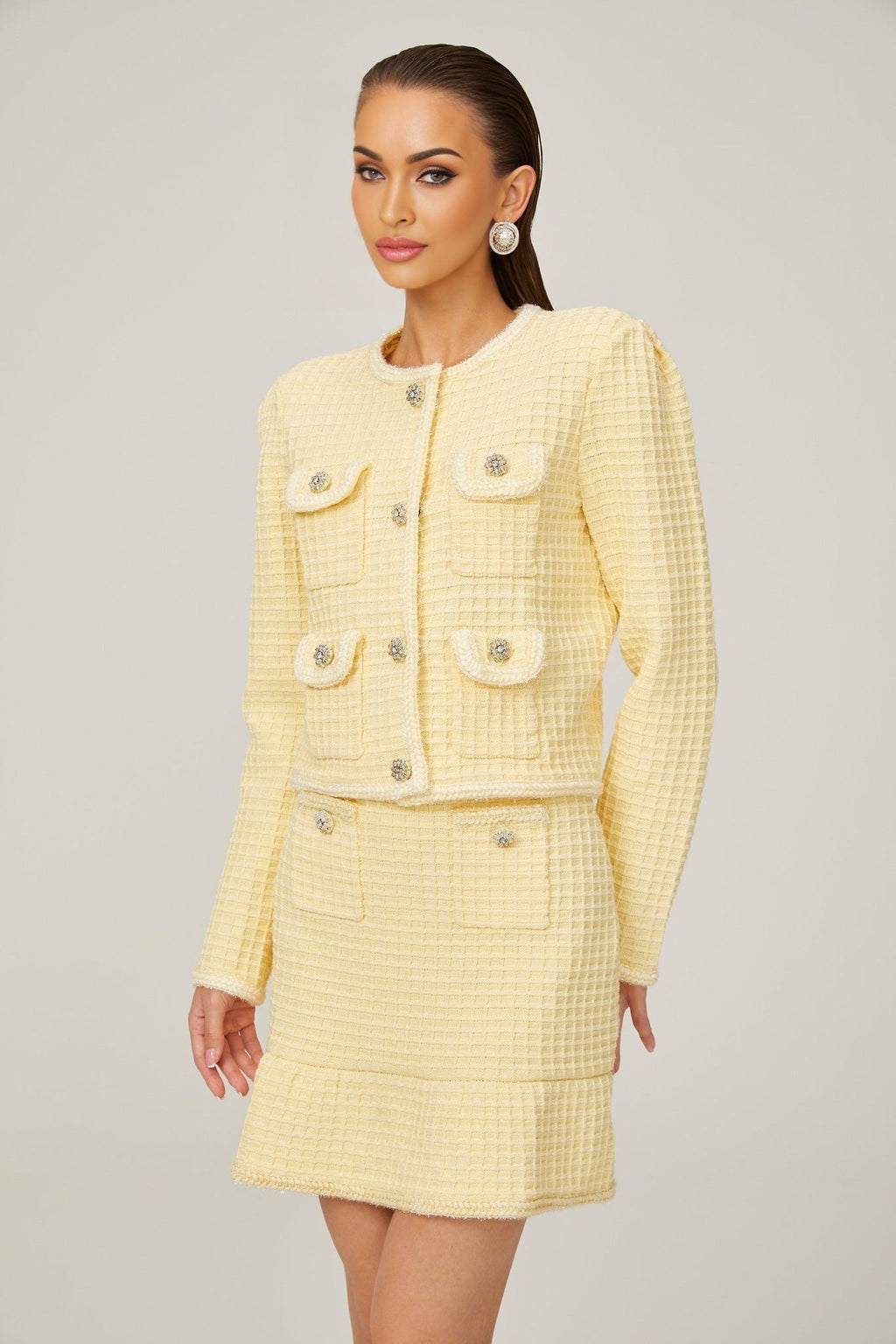 Dorotea Jacket & Skirt Set - Sequin Embellished - Waffle Knit - Braided Edge - Faux Buttons - Front Pockets
