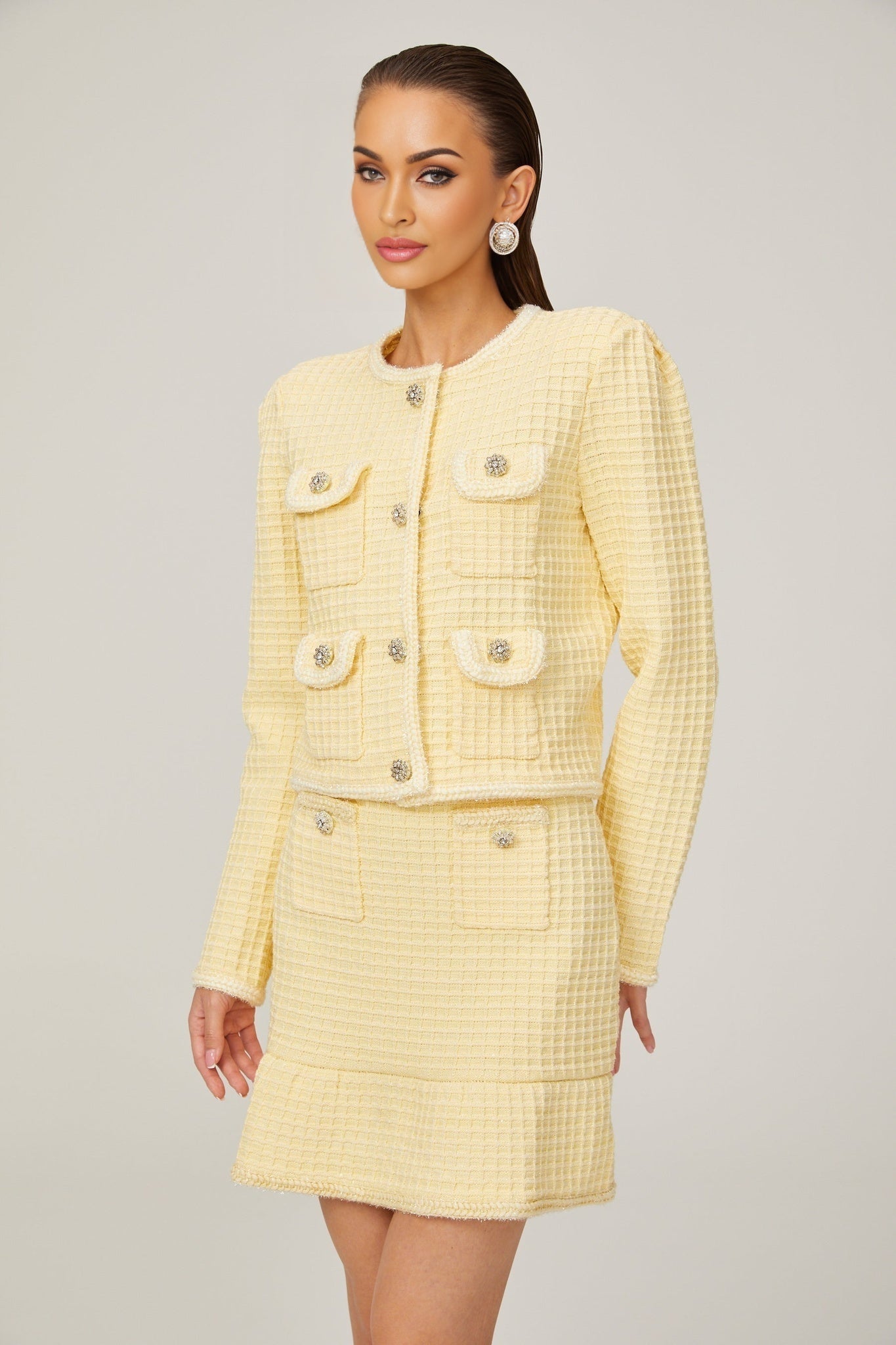 Dorotea Jacket & Skirt Set - Sequin Embellished - Waffle Knit - Braided Edge - Faux Buttons - Front Pockets