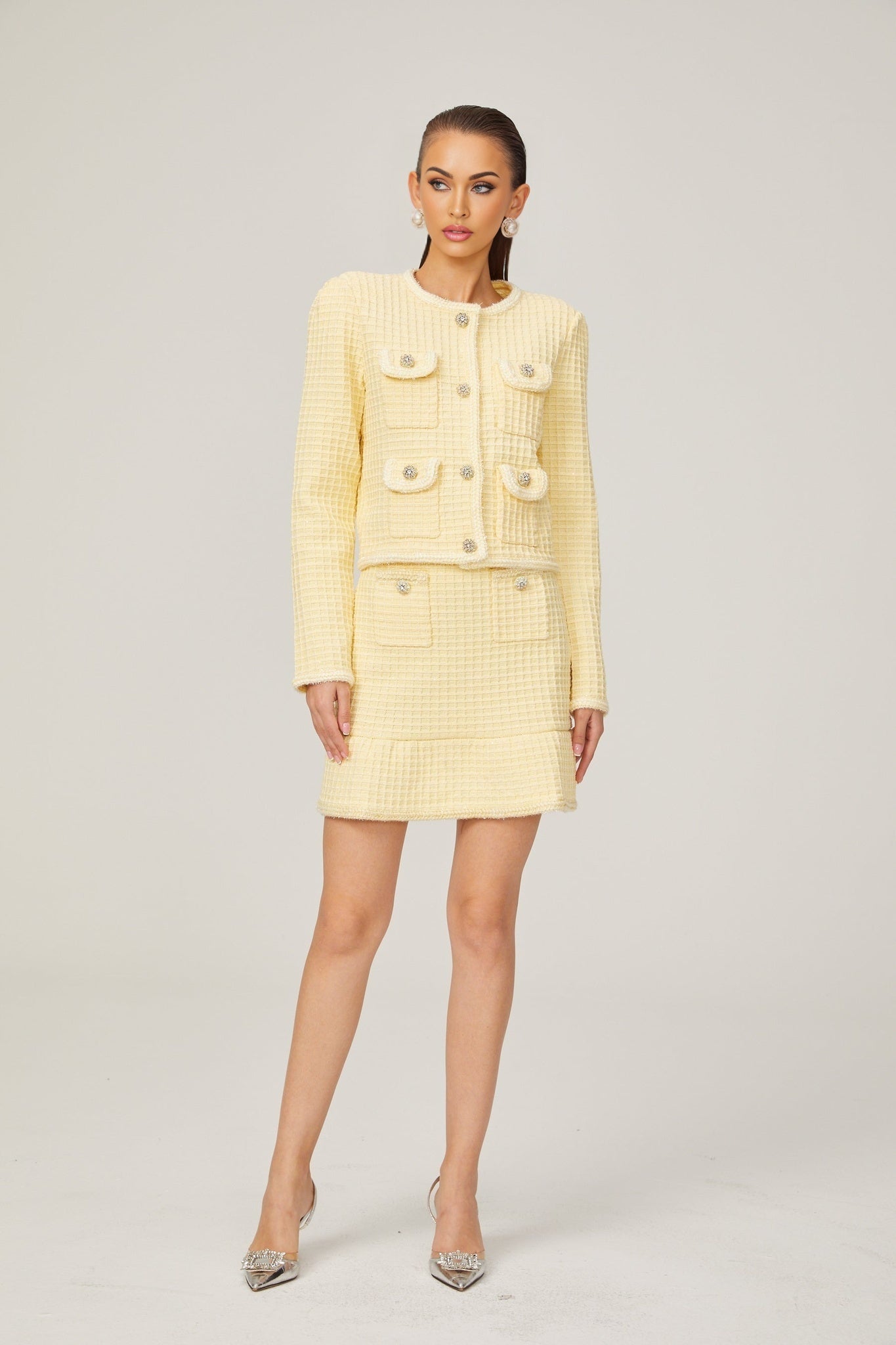 Dorotea Jacket & Skirt Set - Sequin Embellished - Waffle Knit - Braided Edge - Faux Buttons - Front Pockets