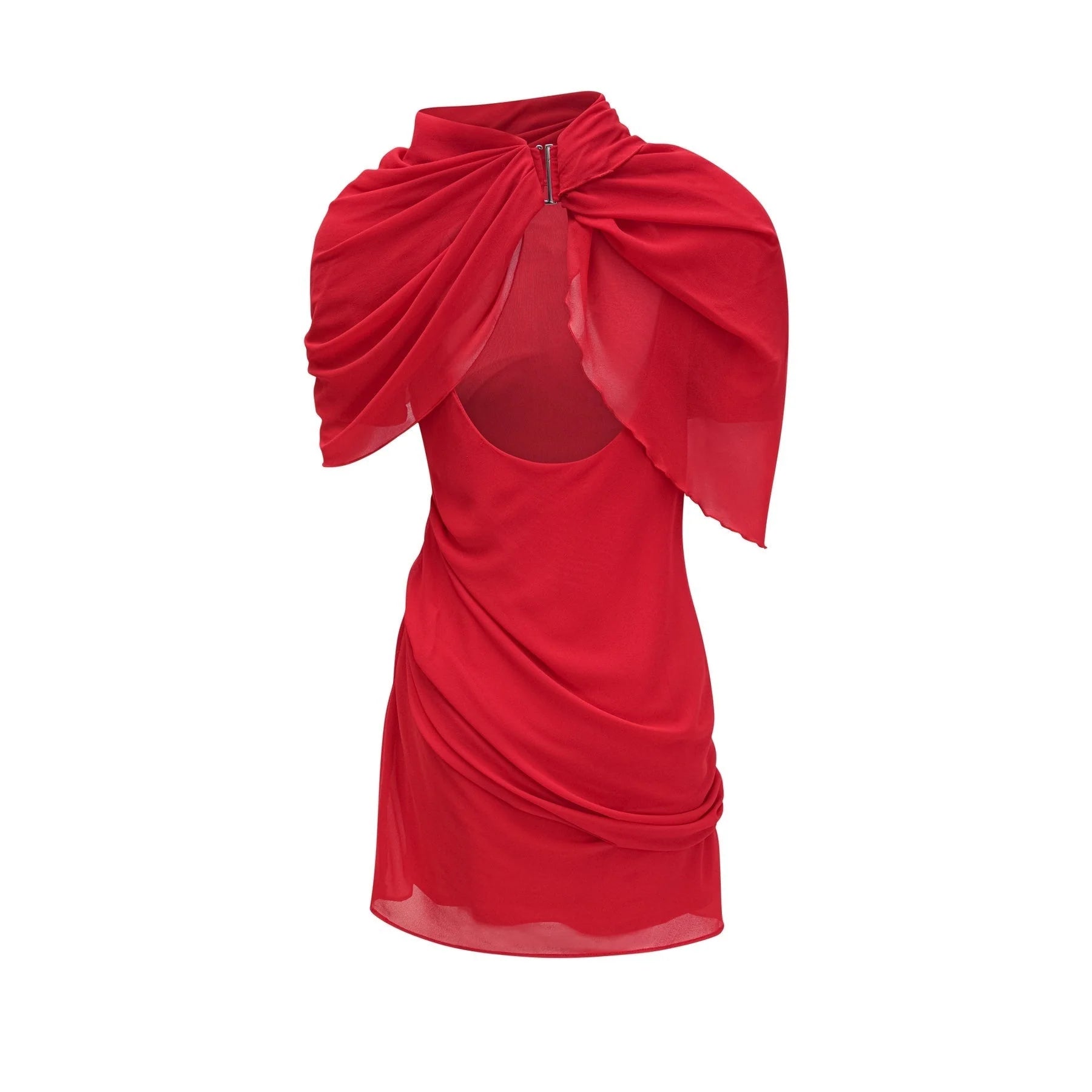 Dorotea Mini Dress - Open Back Design - Shoulder Pads - Asymmetric Style - High Neckline