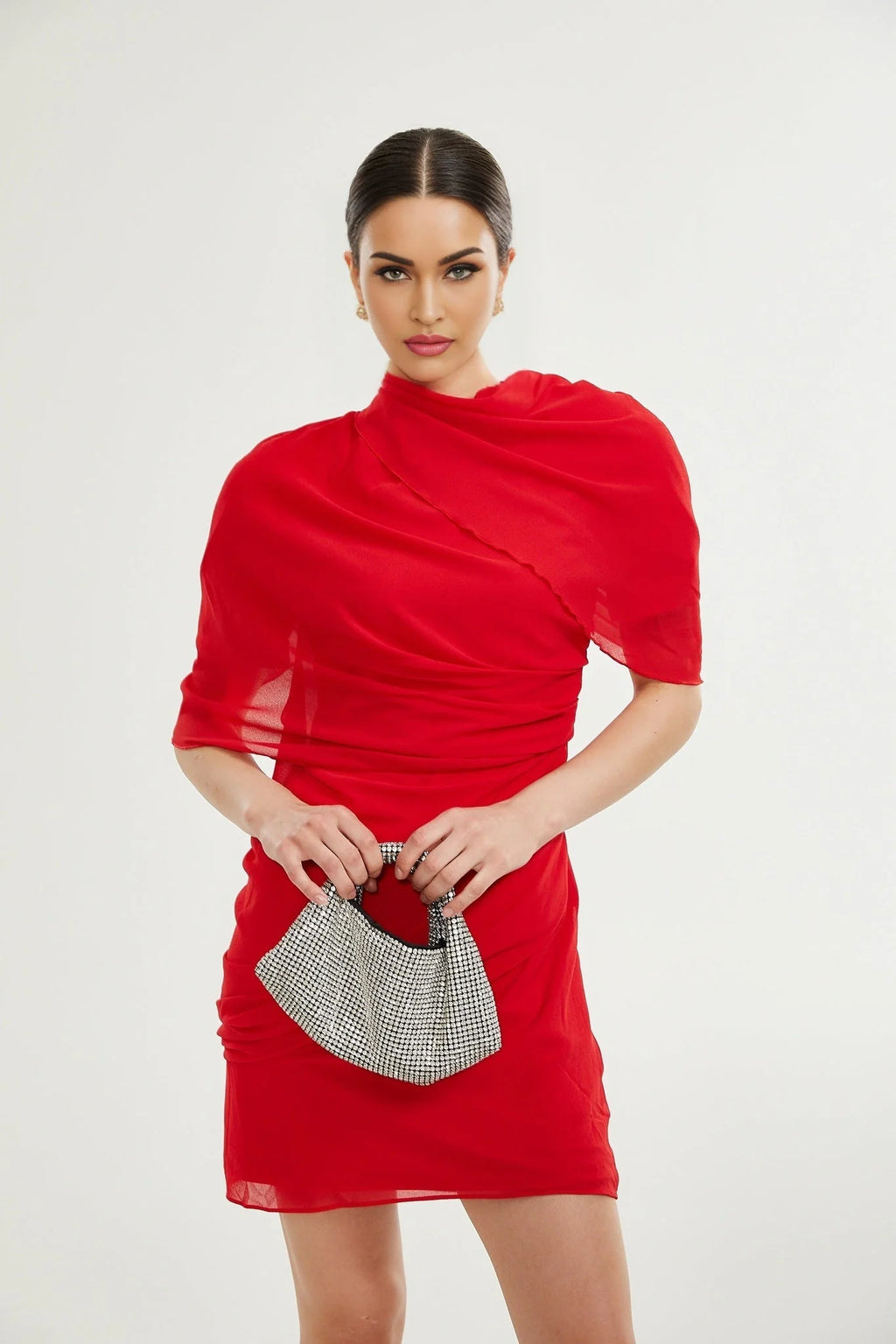 Dorotea Mini Dress - Open Back Design - Shoulder Pads - Asymmetric Style - High Neckline