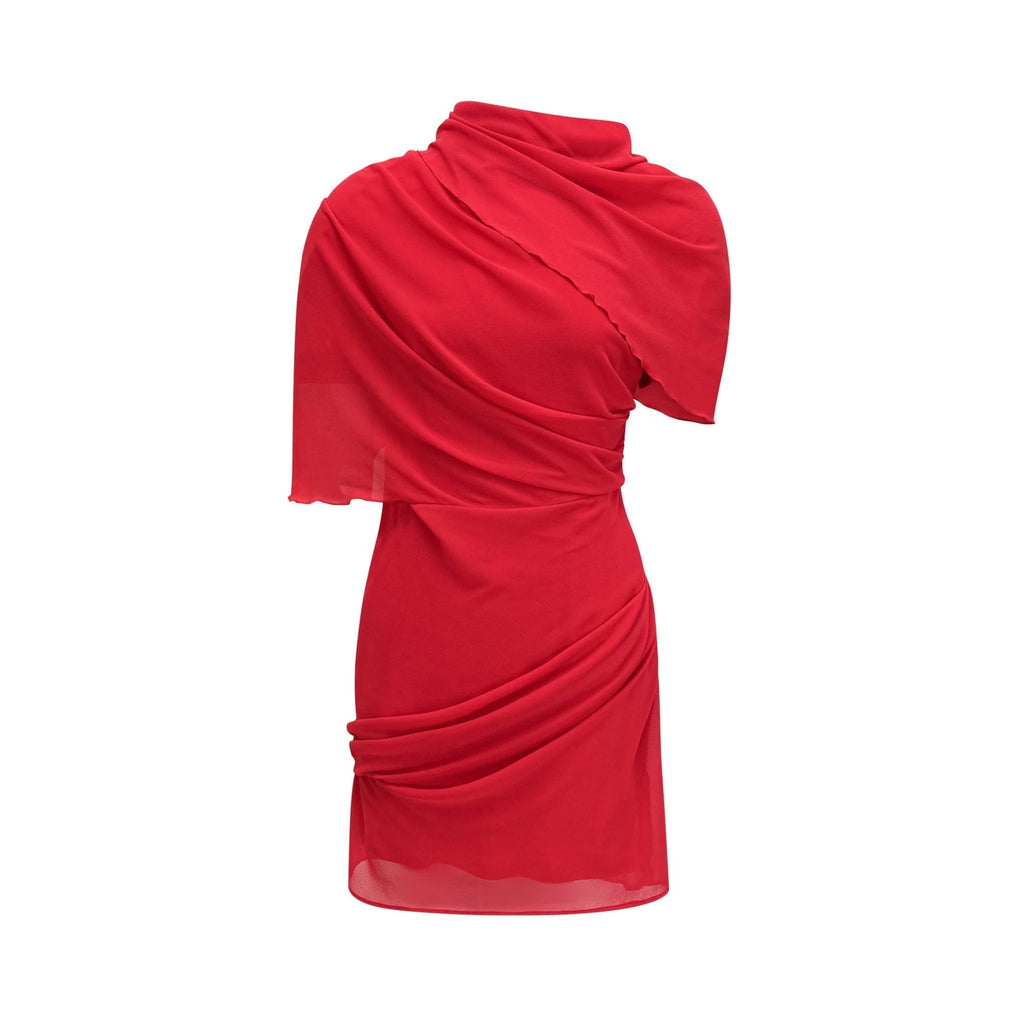 Dorotea Mini Dress - Open Back Design - Shoulder Pads - Asymmetric Style - High Neckline