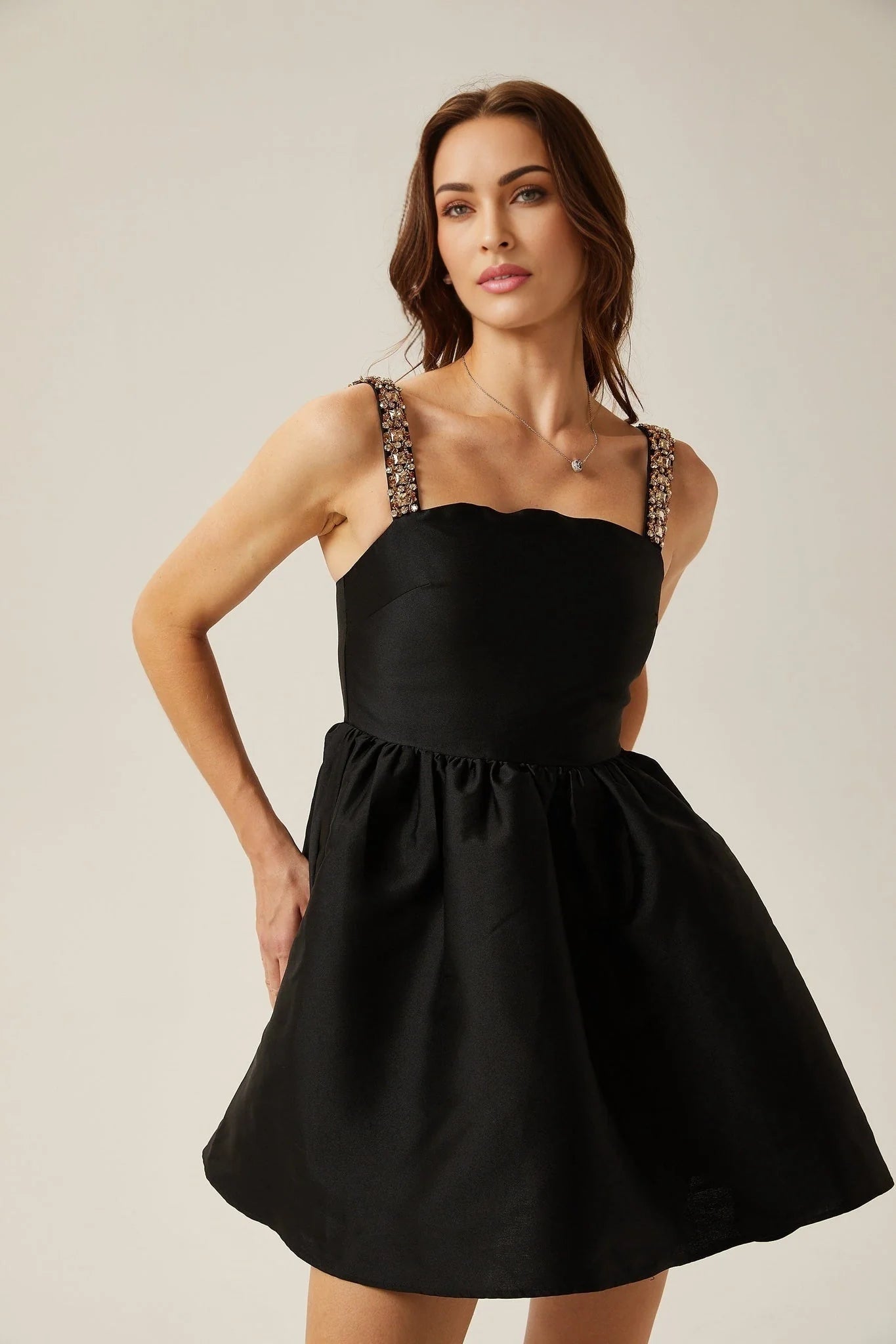 Dorotea Mini Dress - Square Neck - Sleeveless - Crystal Embellished Straps - Pleated Detailing