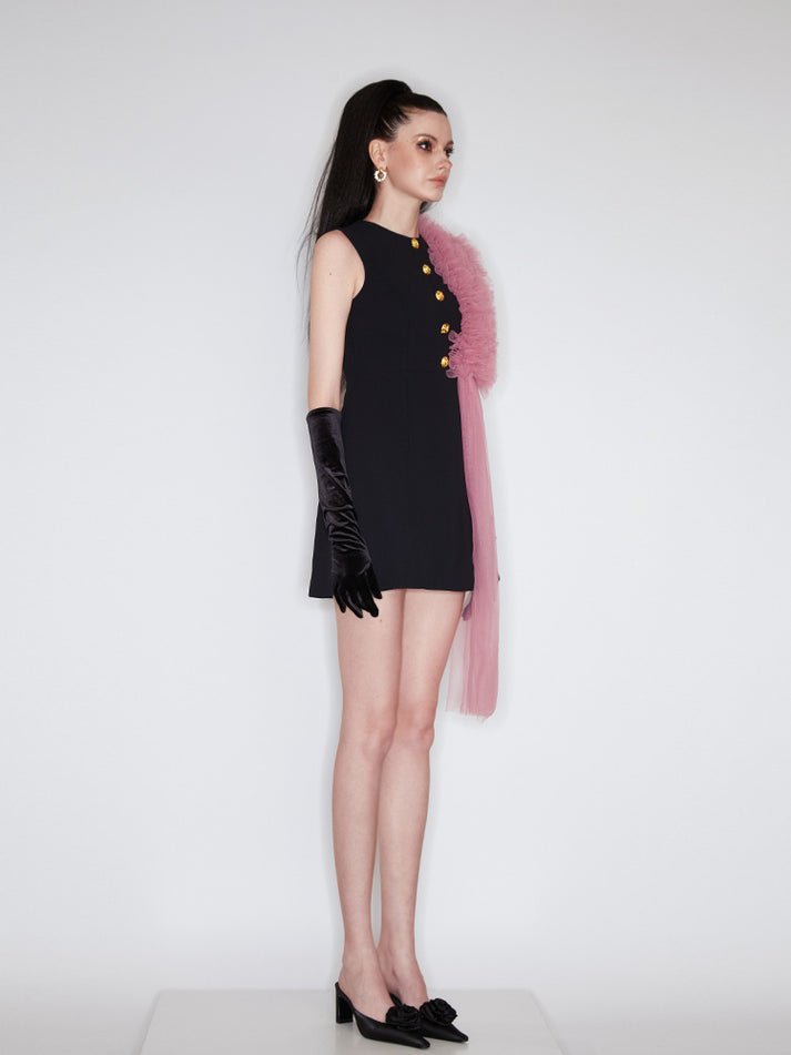 Dress - A - Line Silhouette - Gold Button Details - Pink Tulle Embellishment - Sleeveless Elegance