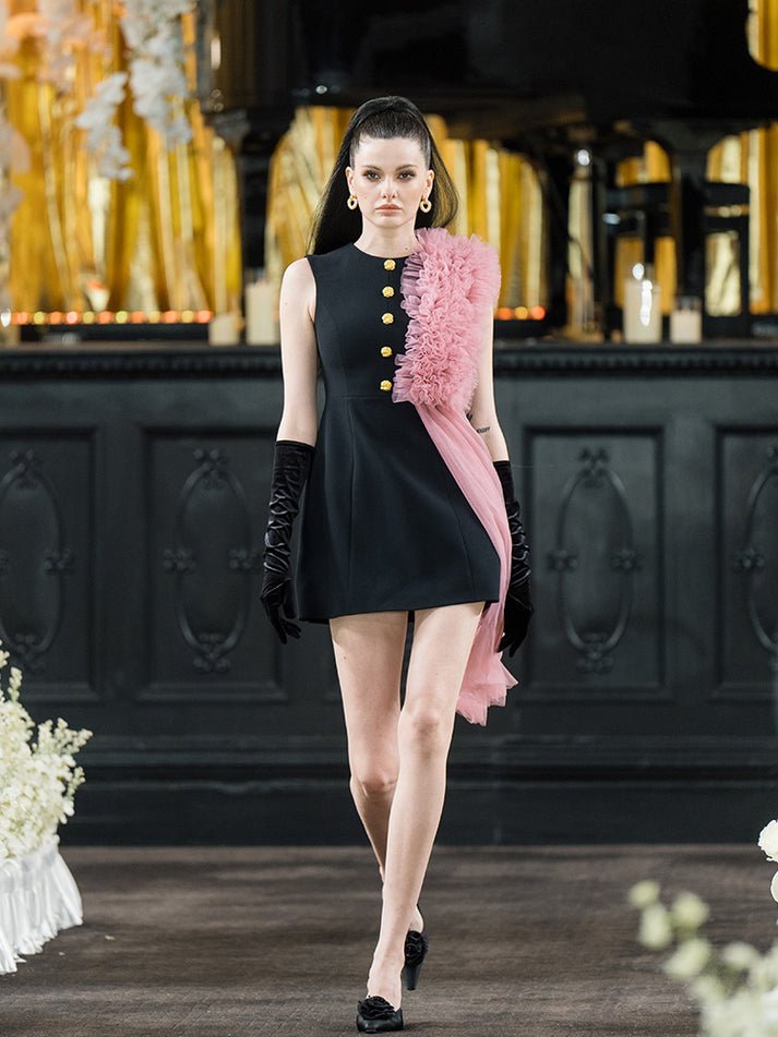 Dress - A - Line Silhouette - Gold Button Details - Pink Tulle Embellishment - Sleeveless Elegance