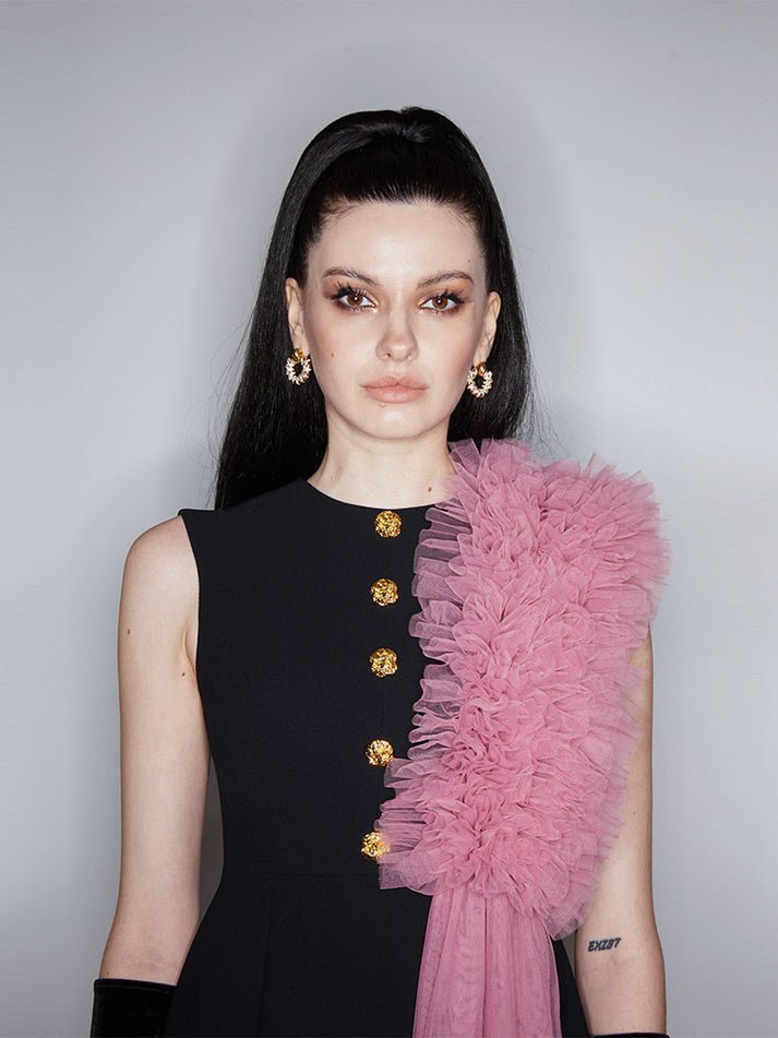 Dress - A - Line Silhouette - Gold Button Details - Pink Tulle Embellishment - Sleeveless Elegance