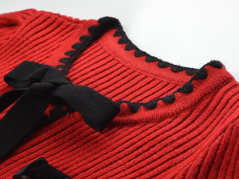 Dress - A - Line Silhouette - Ribbed Texture With Contrasting Accents - Relaxed Fit - Bow Accents & Pockets