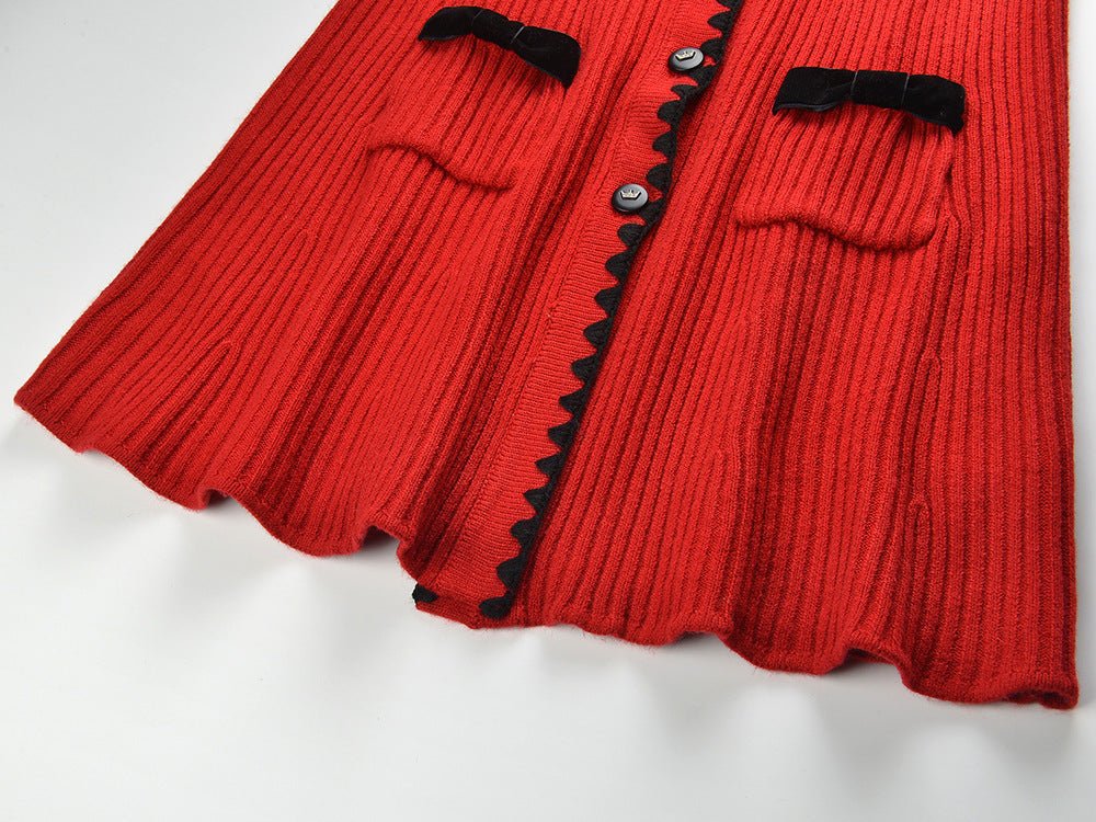 Dress - A - Line Silhouette - Ribbed Texture With Contrasting Accents - Relaxed Fit - Bow Accents & Pockets