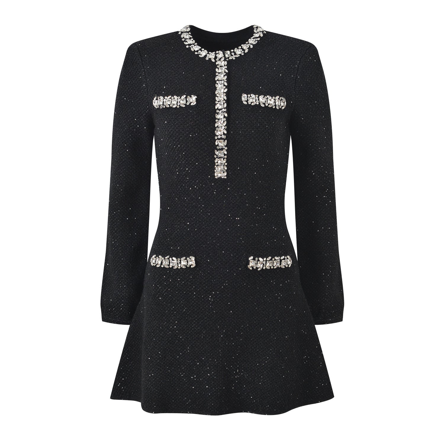 Dress - A - Line Silhouette - Tailored Fit - Sparkling Embellishments - Jewelled Pocket Accents