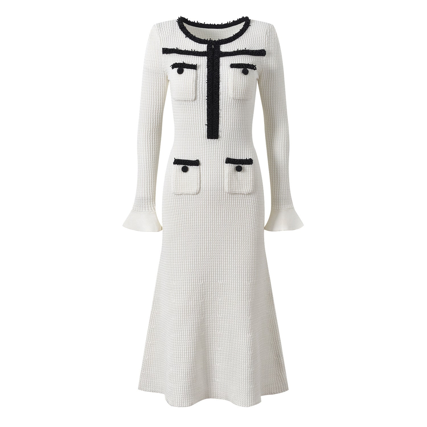 Dress - Fitted Silhouette With Flared Hem - Elegant Design With Pocket Detailing - Tailored Fit - Chic and Sophisticated Appearance