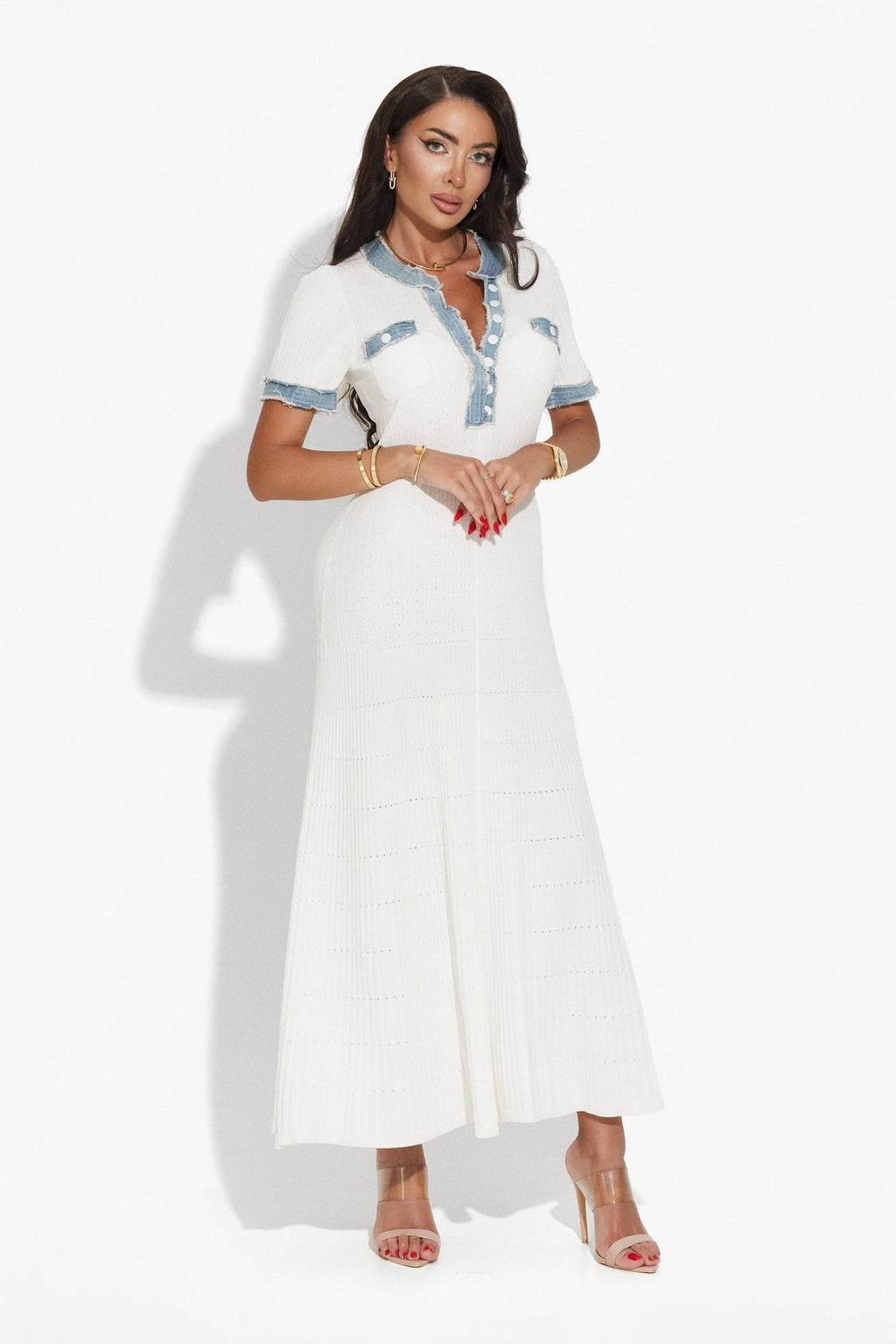 Dress - Maxi Length A - Line Silhouette - Ribbed Texture - Form - Fitting - Button - Down Front