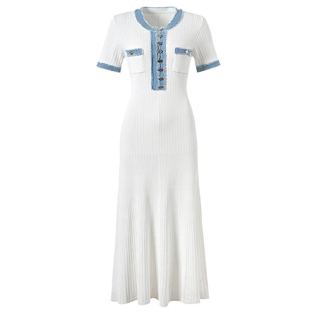 Dress - Maxi Length A - Line Silhouette - Ribbed Texture - Form - Fitting - Button - Down Front