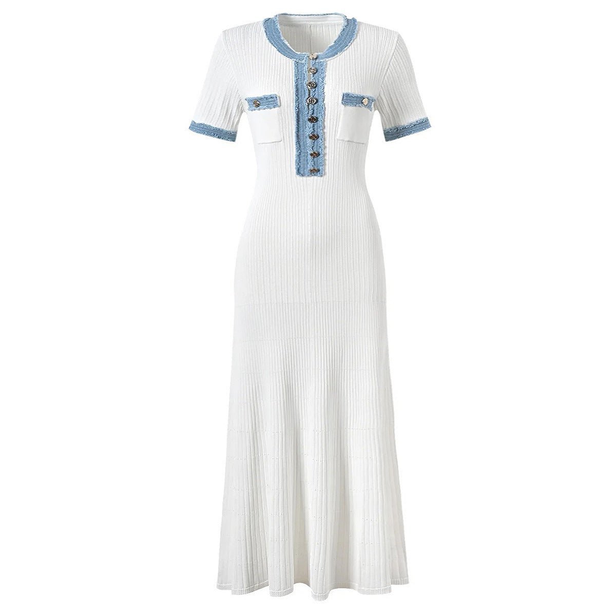 Dress - Maxi Length A - Line Silhouette - Ribbed Texture - Form - Fitting - Button - Down Front