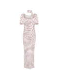 Dress - Ruched Bodycon Silhouette - Polka Dot Print - Puff Sleeves - Figure - Hugging Fit