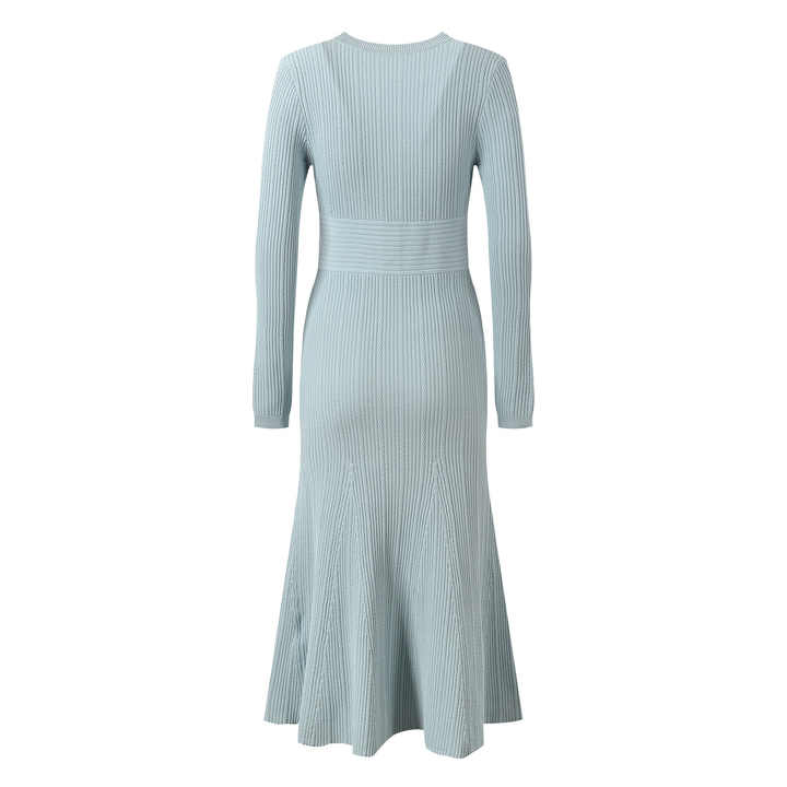 Dress - Tailored Fit - V - Neck Button Detail - Flared Skirt - Ribbed Knit Fabric